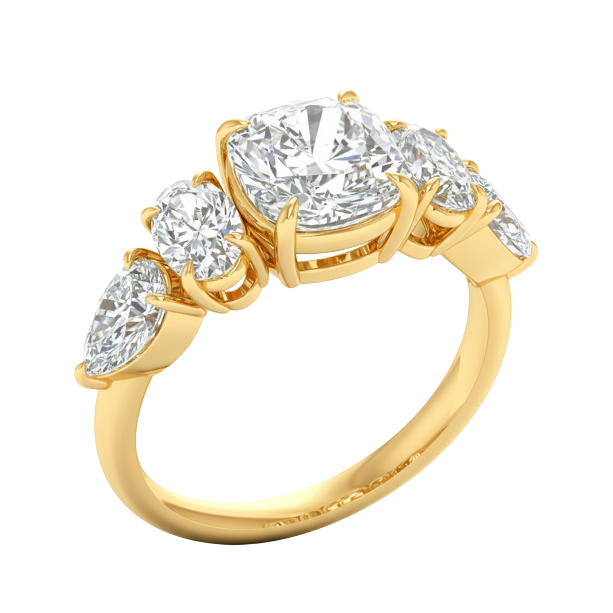 Vijf‑stenen ring met cushion, peer en ovale diamanten 3,68 karaat