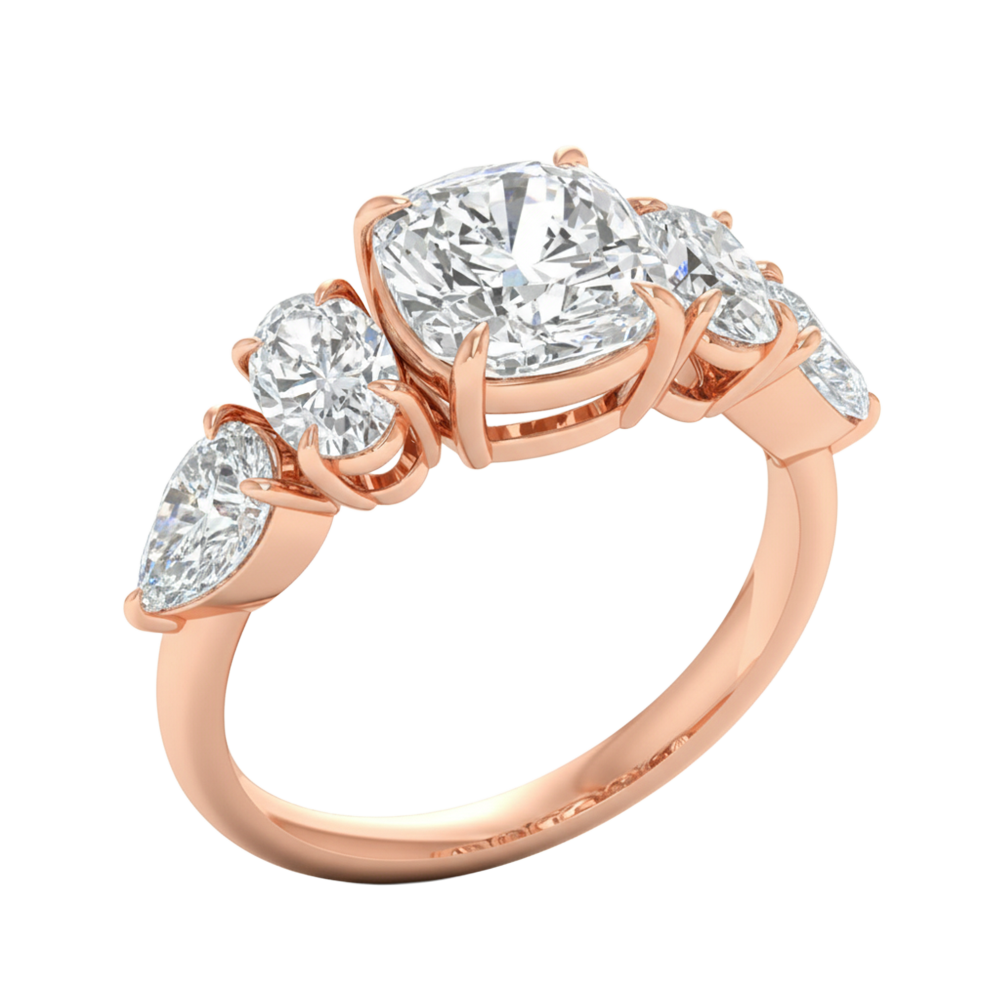 Vijf‑stenen ring met cushion, peer en ovale diamanten 3,68 karaat