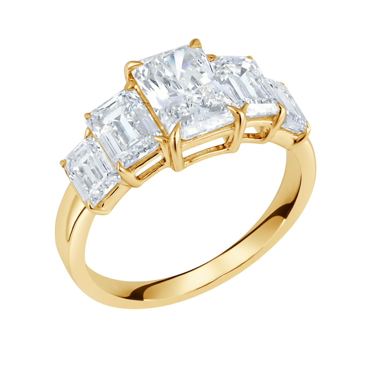 Vijf‑stenen ring met emerald en lang radiant diamanten 3,83 karaat