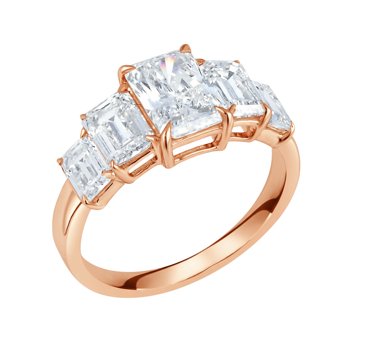 Vijf‑stenen ring met emerald en lang radiant diamanten 3,83 karaat