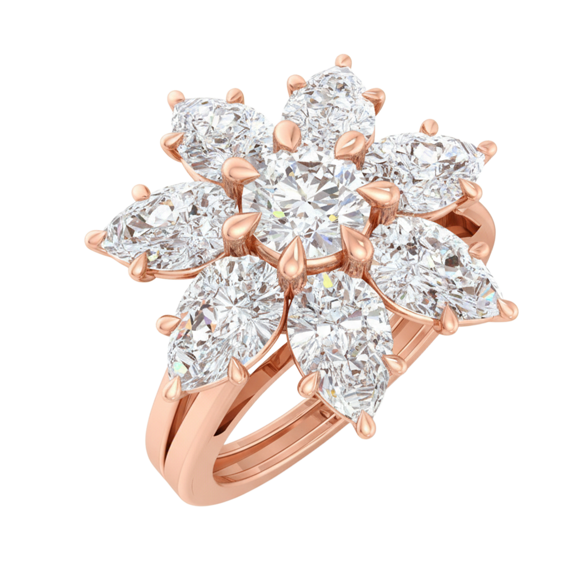 Entourage ring met bloemdesign van peer en ronde diamanten 3,79 karaat