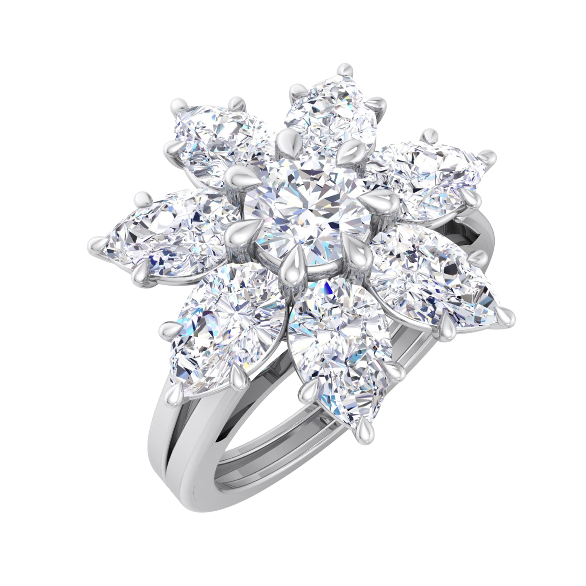 Entourage ring met bloemdesign van peer en ronde diamanten 3,79 karaat