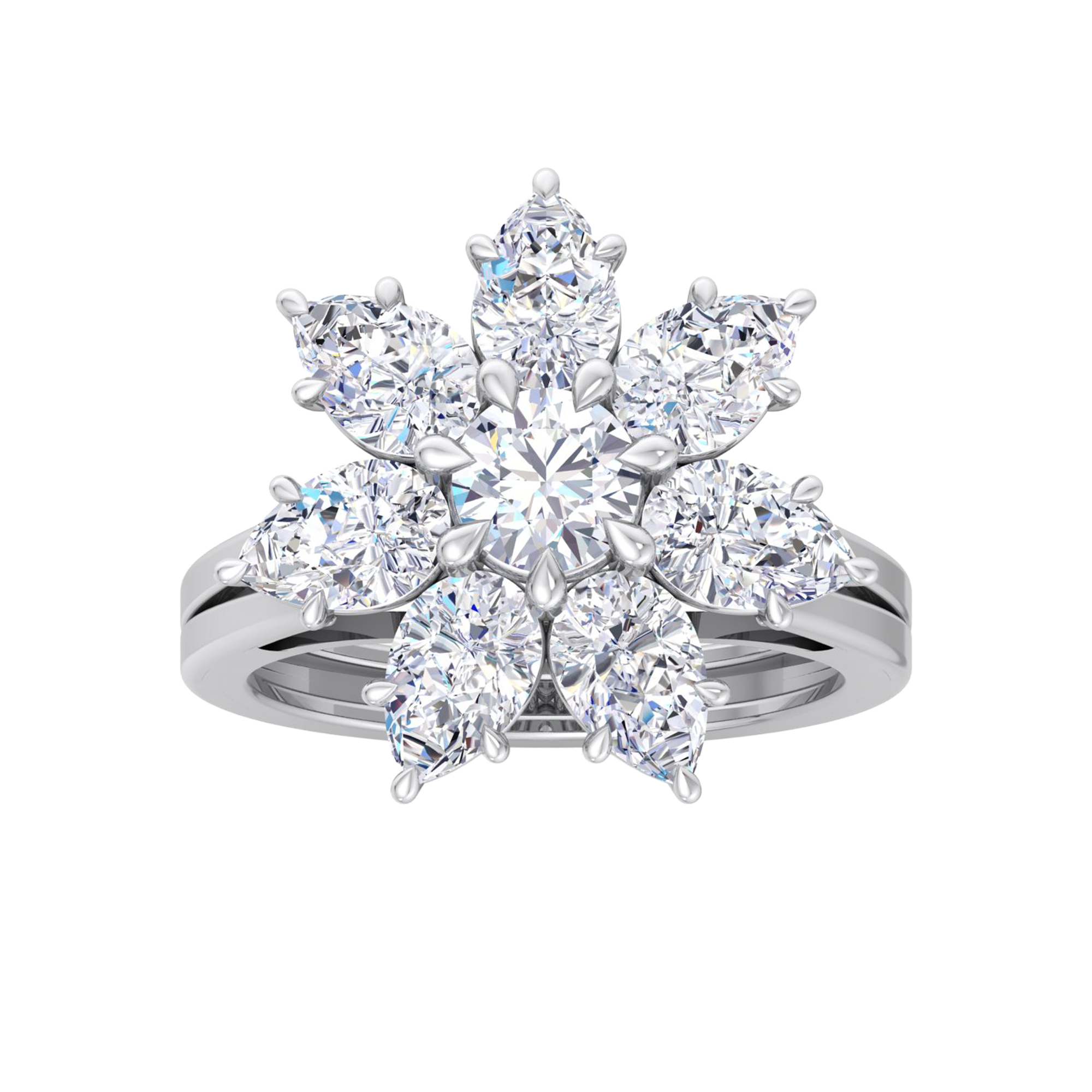 Entourage ring met bloemdesign van peer en ronde diamanten 3,79 karaat