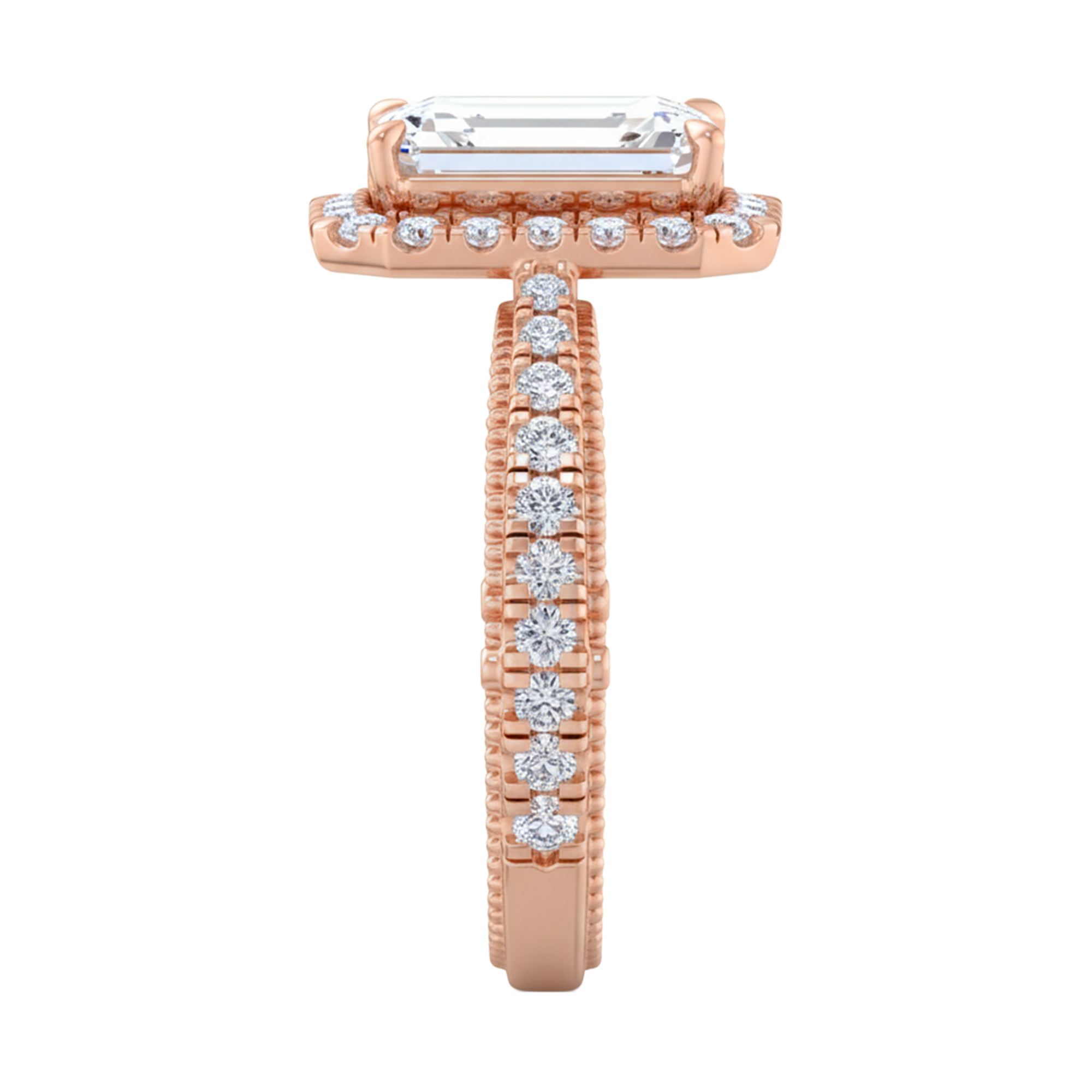 Emerald halo ring met pavé band 3,94 karaat