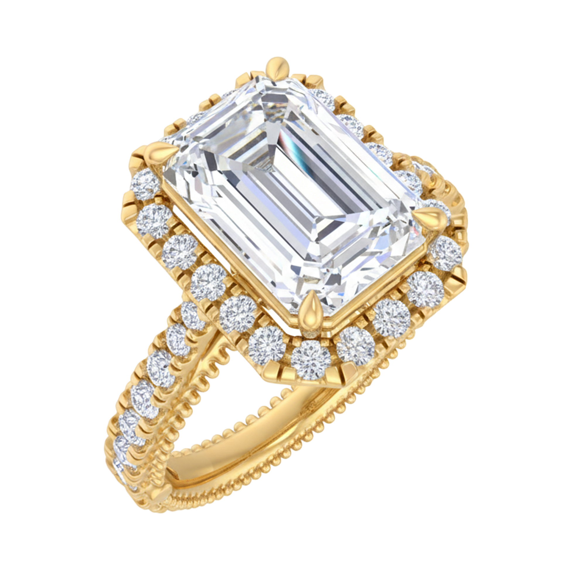 Emerald halo ring met pavé band 3,94 karaat