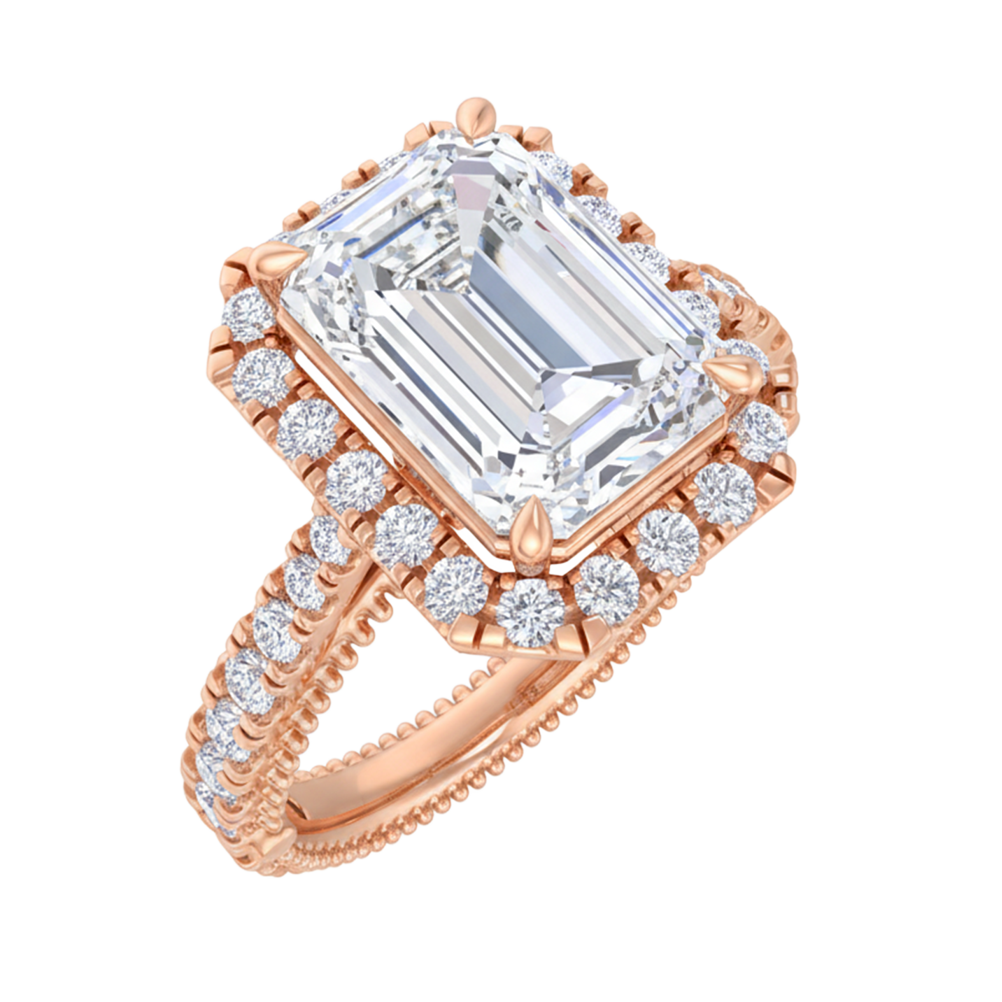 Emerald halo ring met pavé band 3,94 karaat