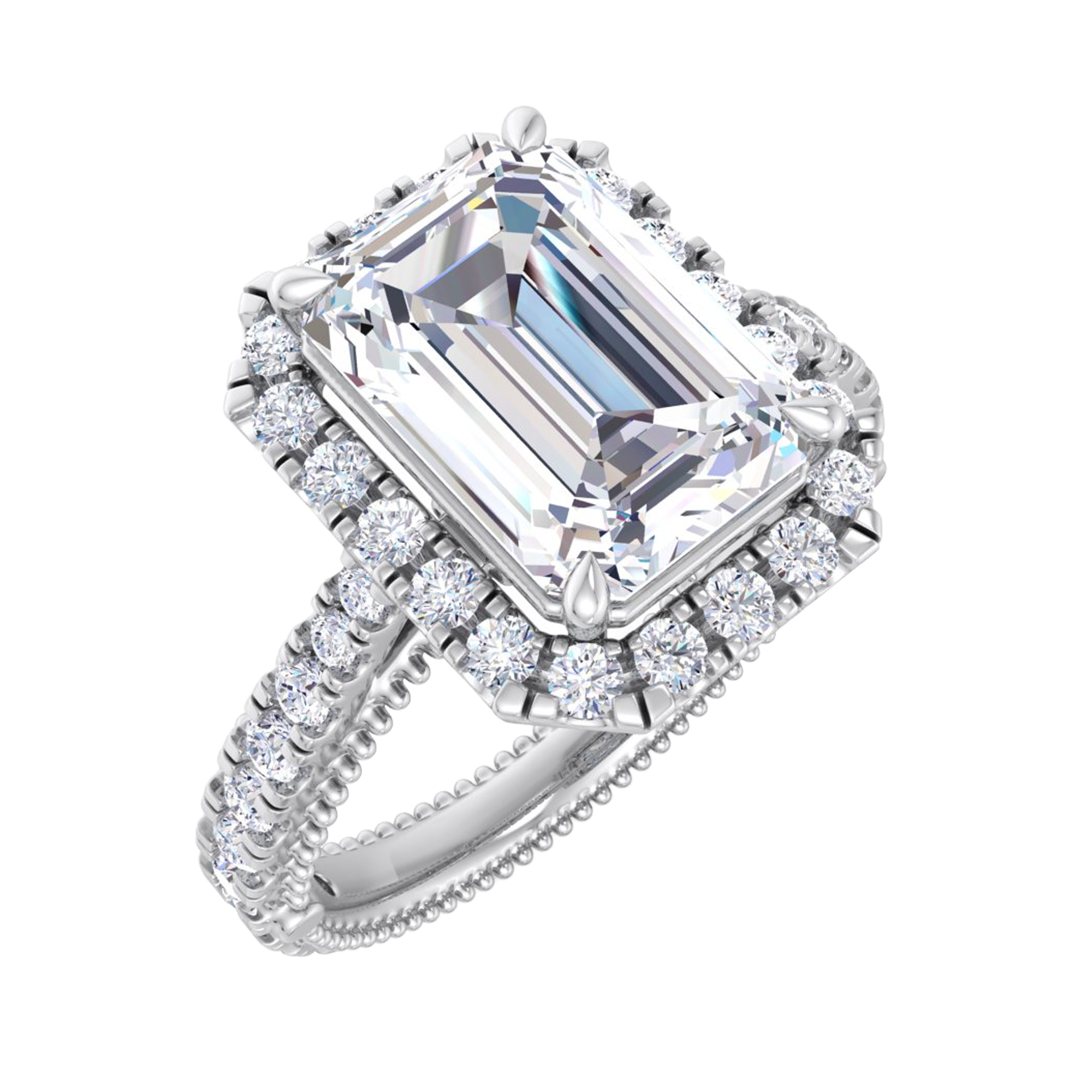 Emerald halo ring met pavé band 3,94 karaat