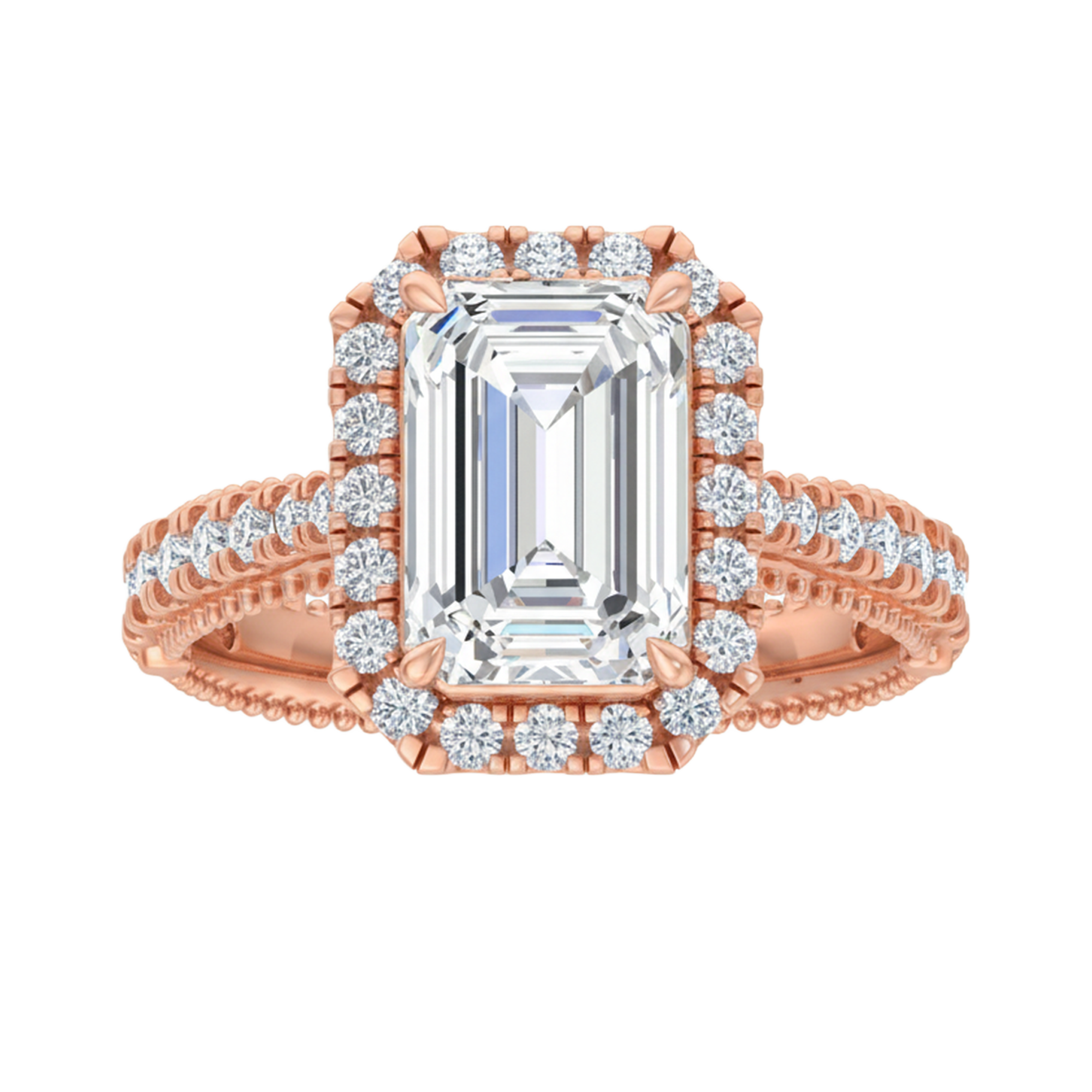 Emerald halo ring met pavé band 3,94 karaat