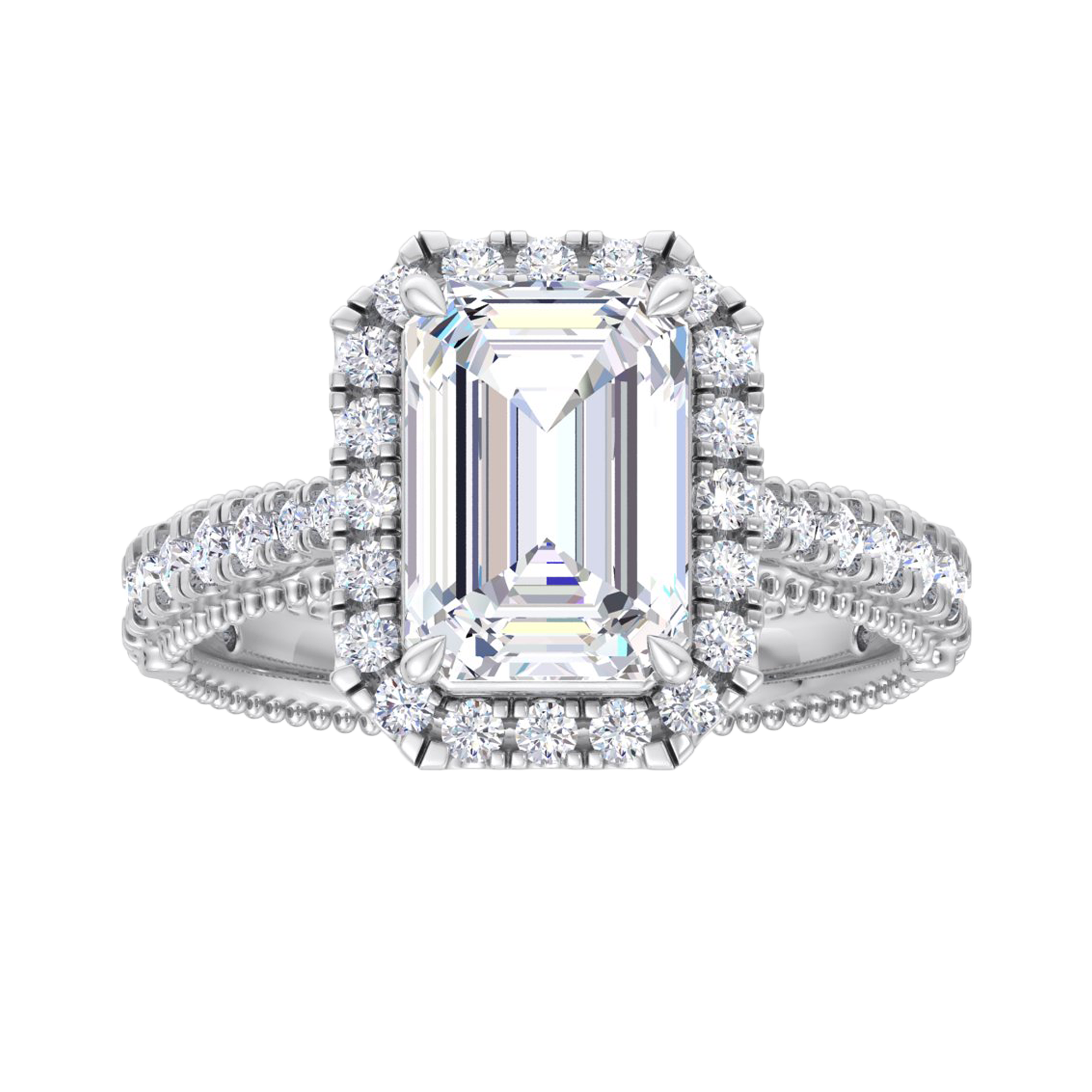 Emerald halo ring met pavé band 3,94 karaat