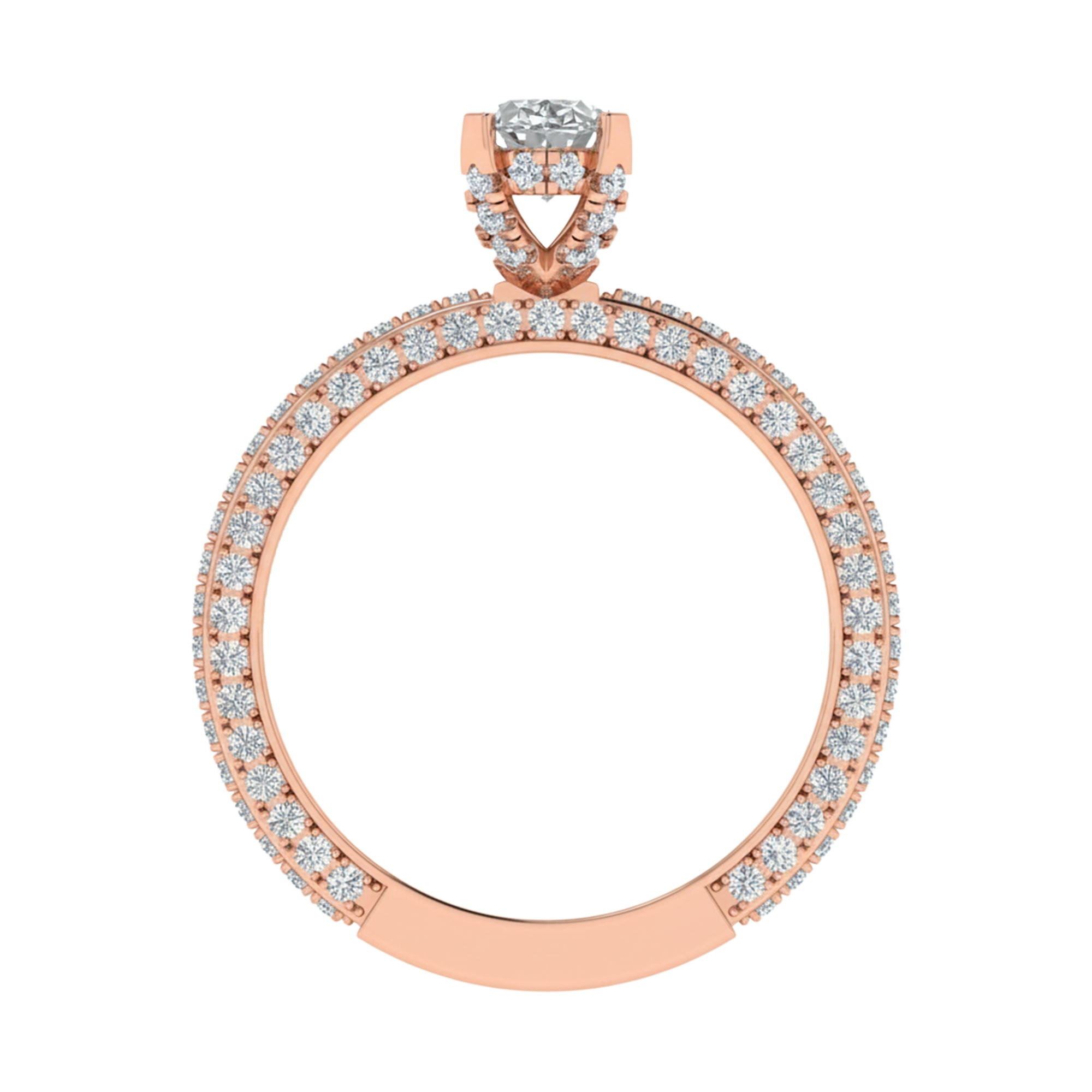 Ovaal 1.2 karaat solitair met hidden halo, pavé‑band en hoekaccenten