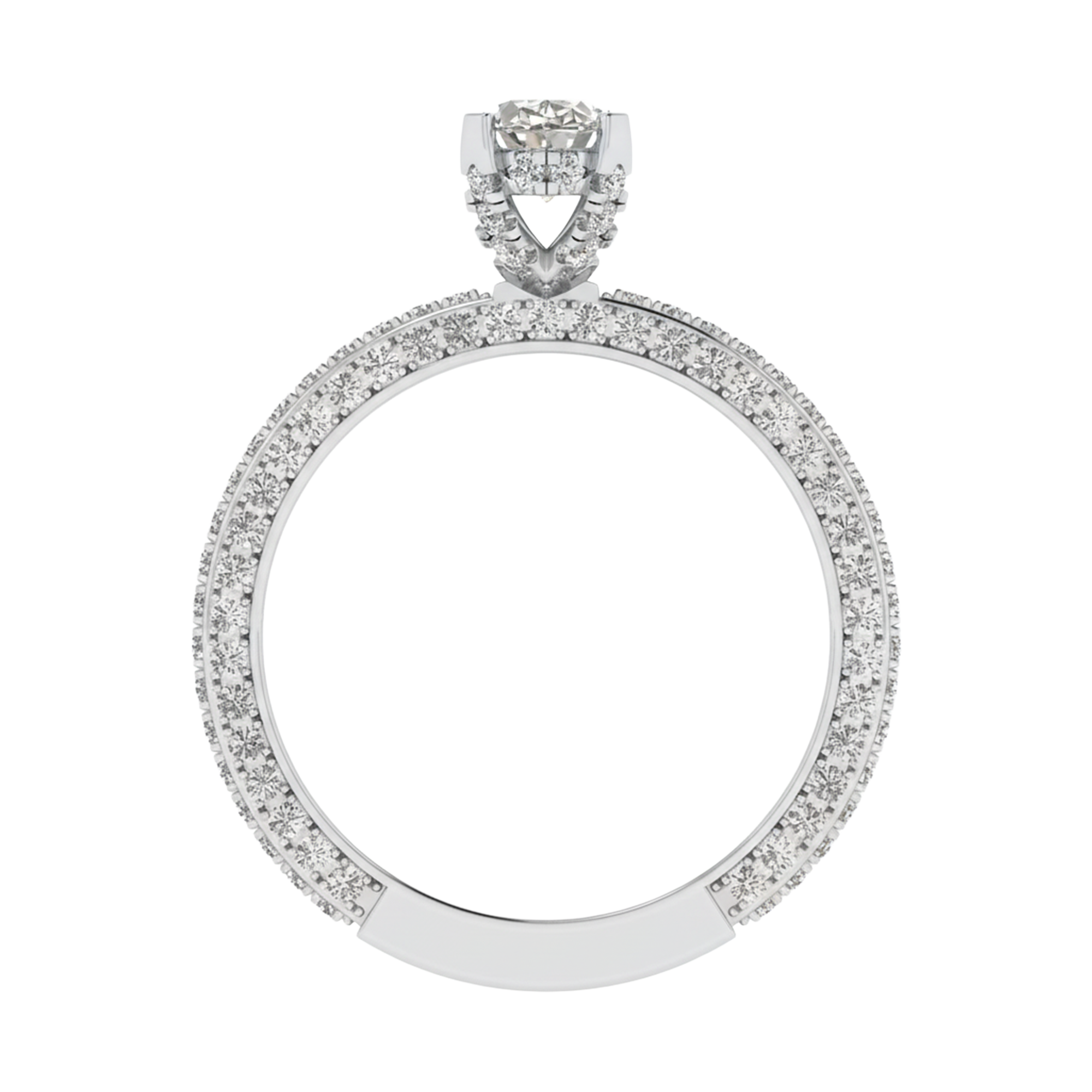 Ovaal 1.2 karaat solitair met hidden halo, pavé‑band en hoekaccenten