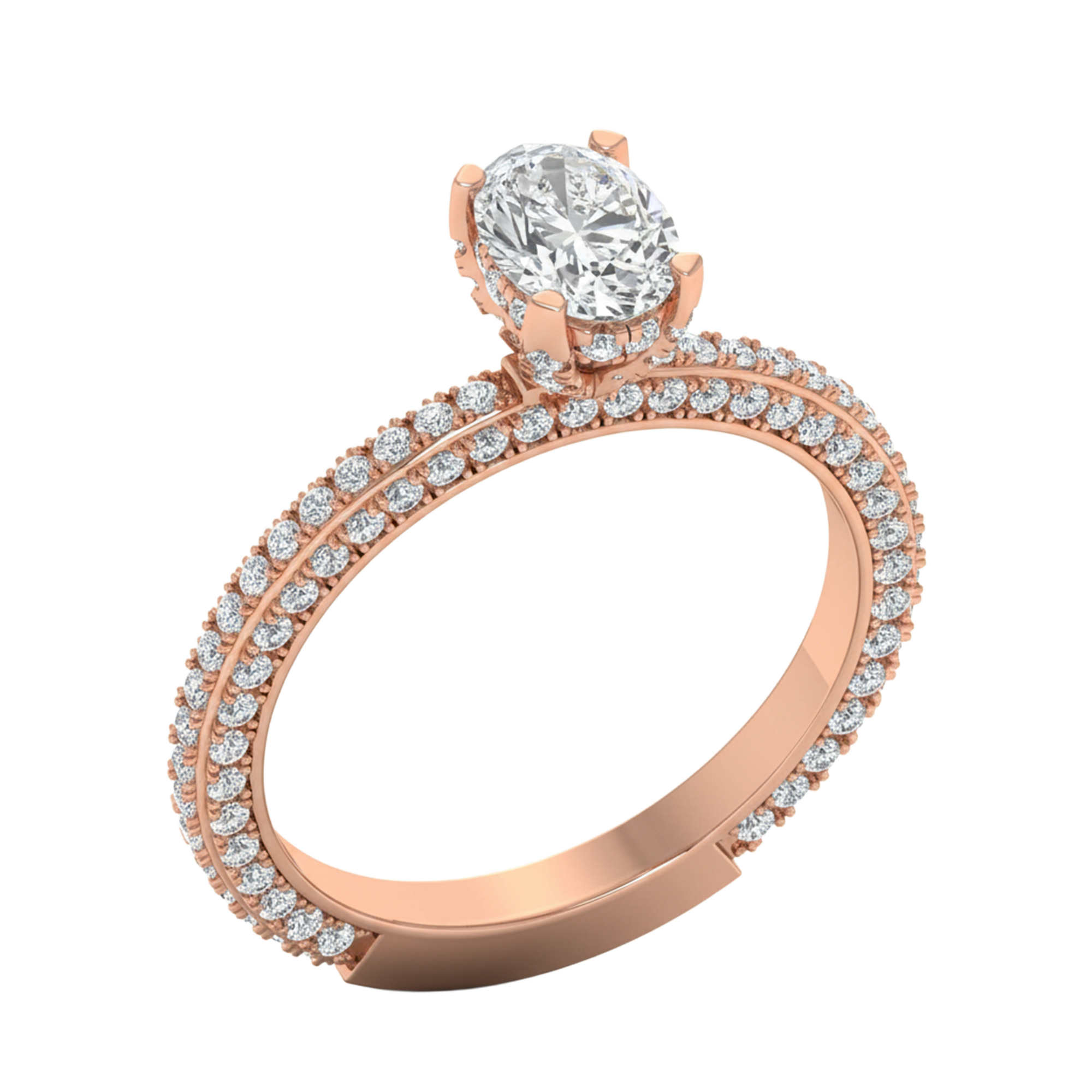 Ovaal 1.2 karaat solitair met hidden halo, pavé‑band en hoekaccenten