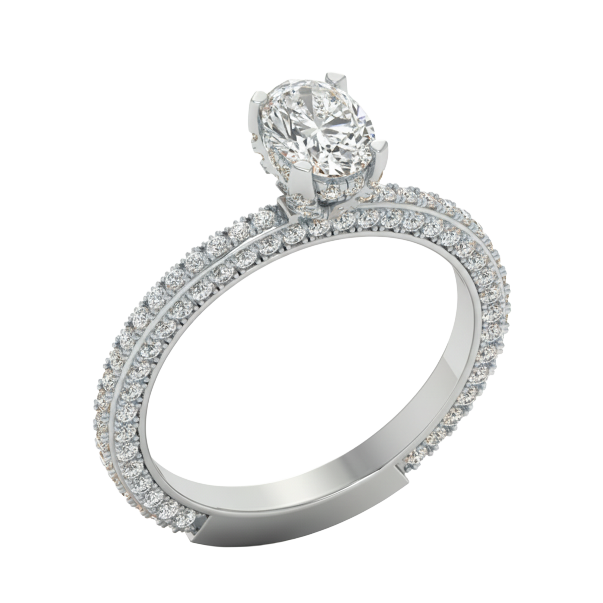 Ovaal 1.2 karaat solitair met hidden halo, pavé‑band en hoekaccenten