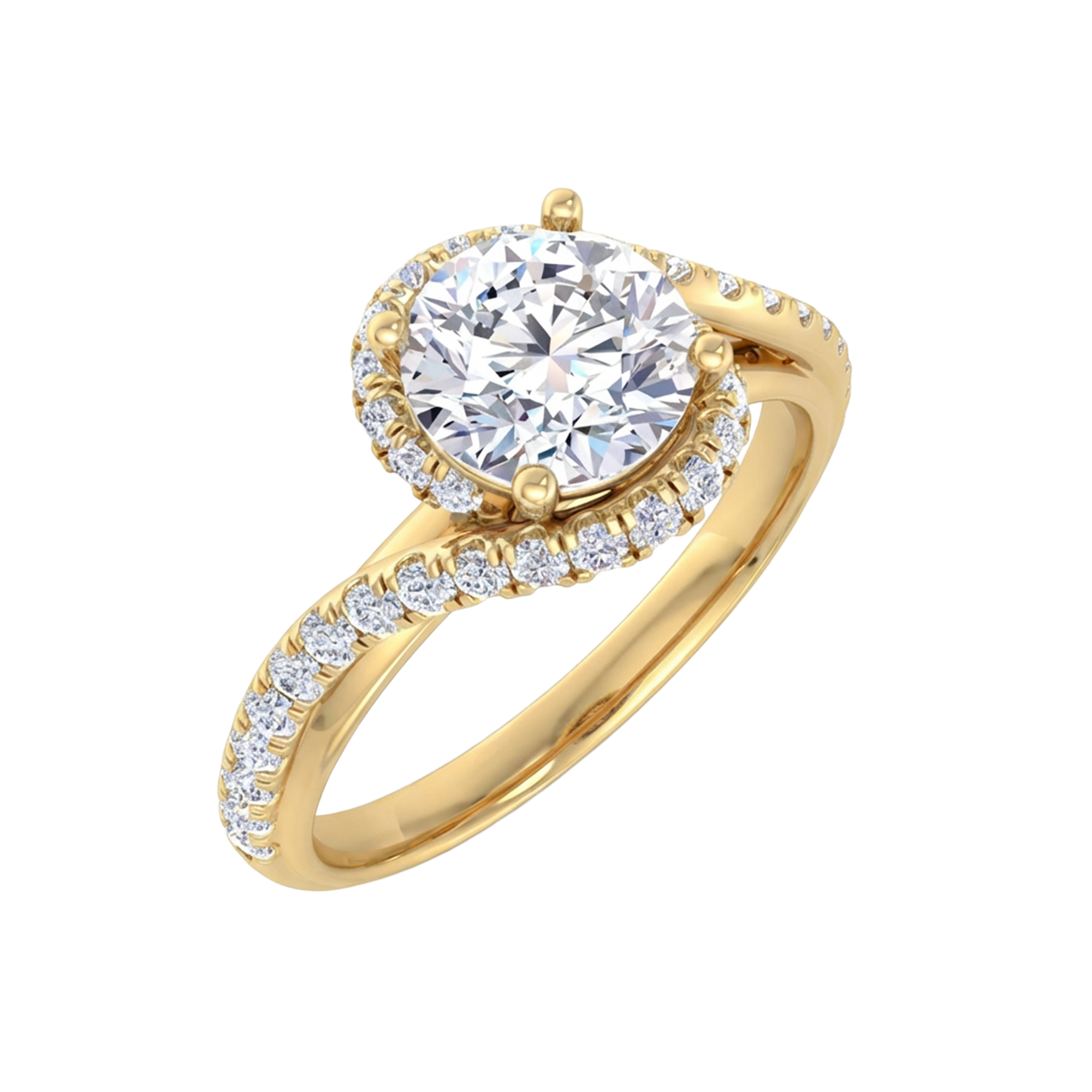 Ronde 1.46 karaat split‑shank pavé ring met omvattende schouderlijnen