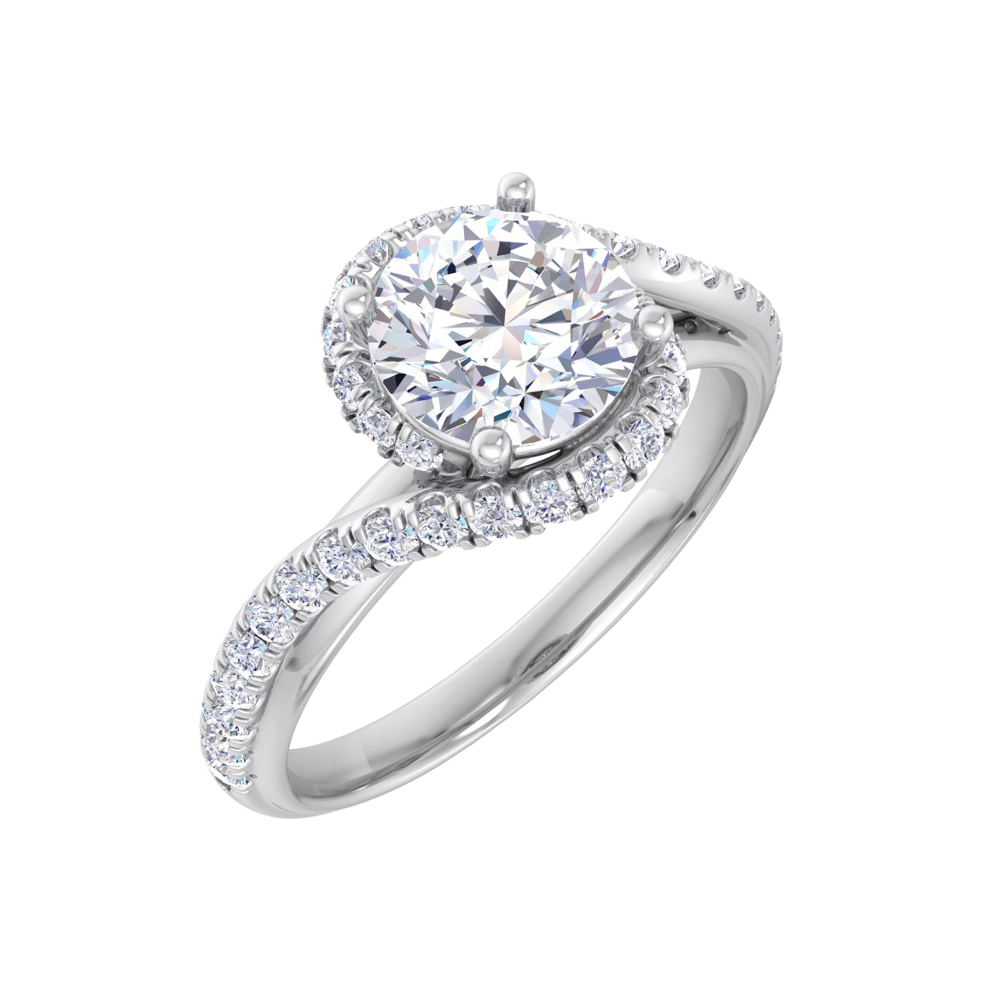 Ronde 1.46 karaat split‑shank pavé ring met omvattende schouderlijnen