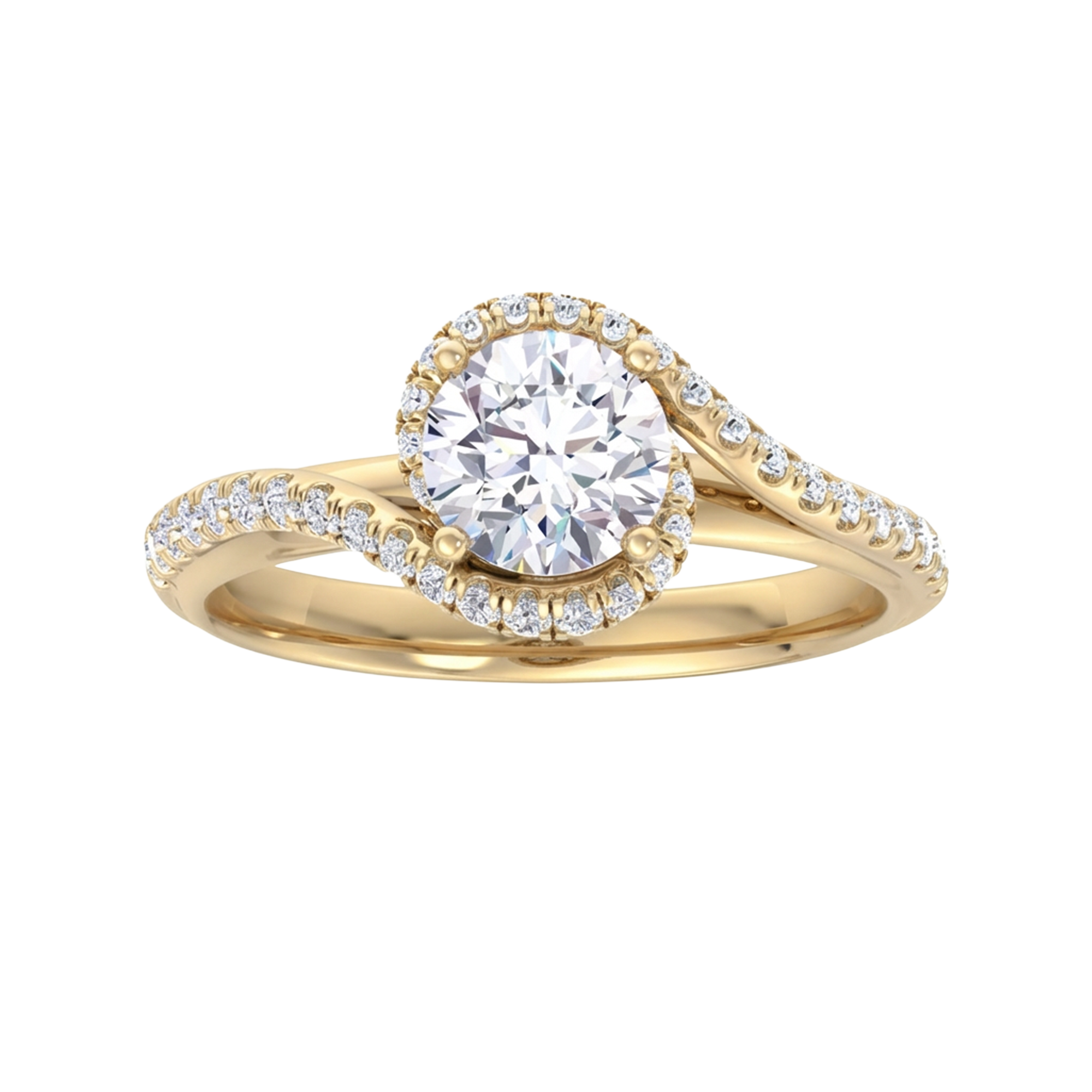 Ronde 1.46 karaat split‑shank pavé ring met omvattende schouderlijnen