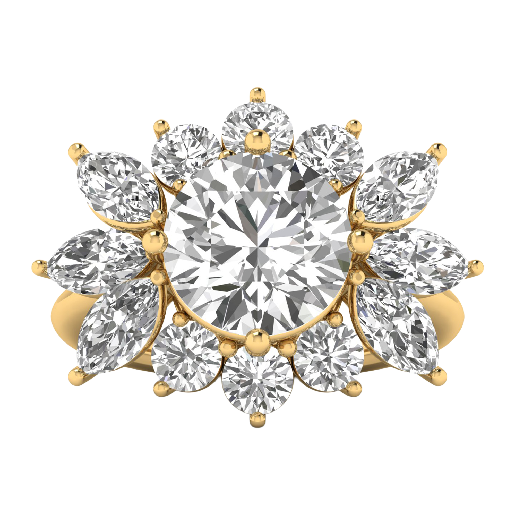 Entourage ring met marquise en ronde diamanten in bloemvorm 5,42 karaat