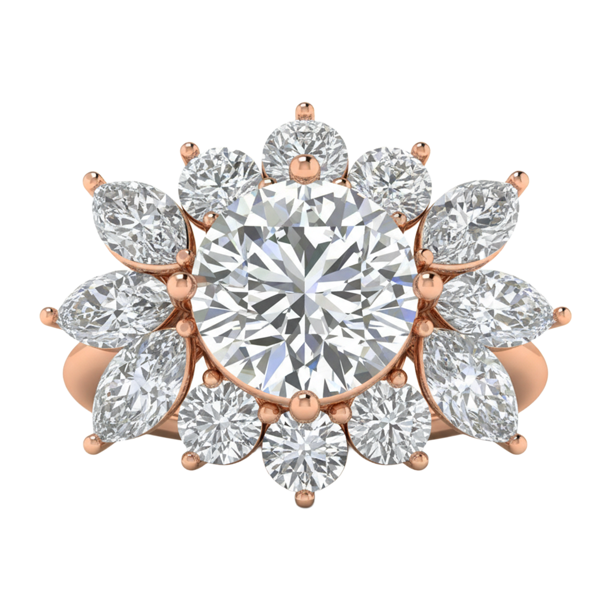 Entourage ring met marquise en ronde diamanten in bloemvorm 5,42 karaat