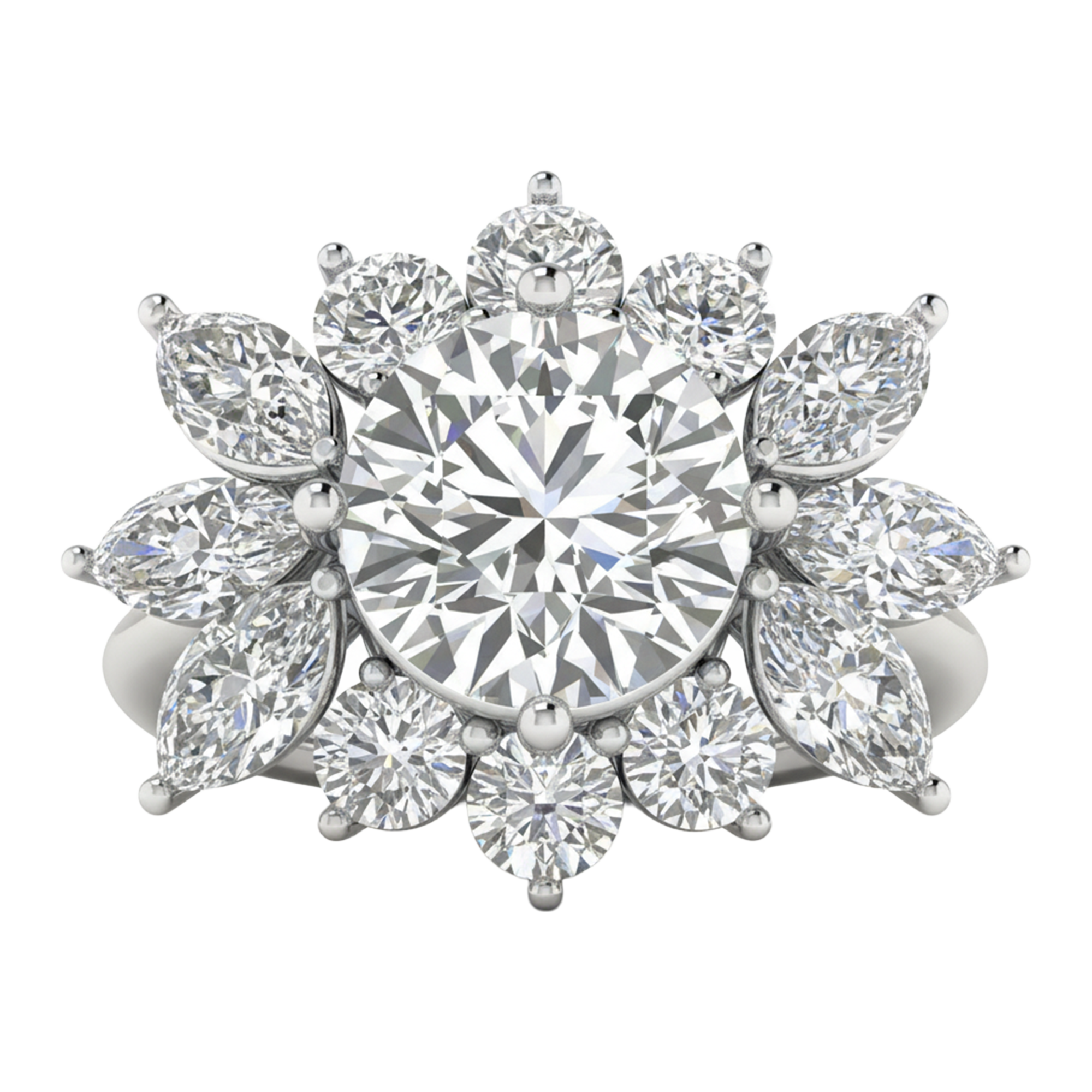 Entourage ring met marquise en ronde diamanten in bloemvorm 5,42 karaat