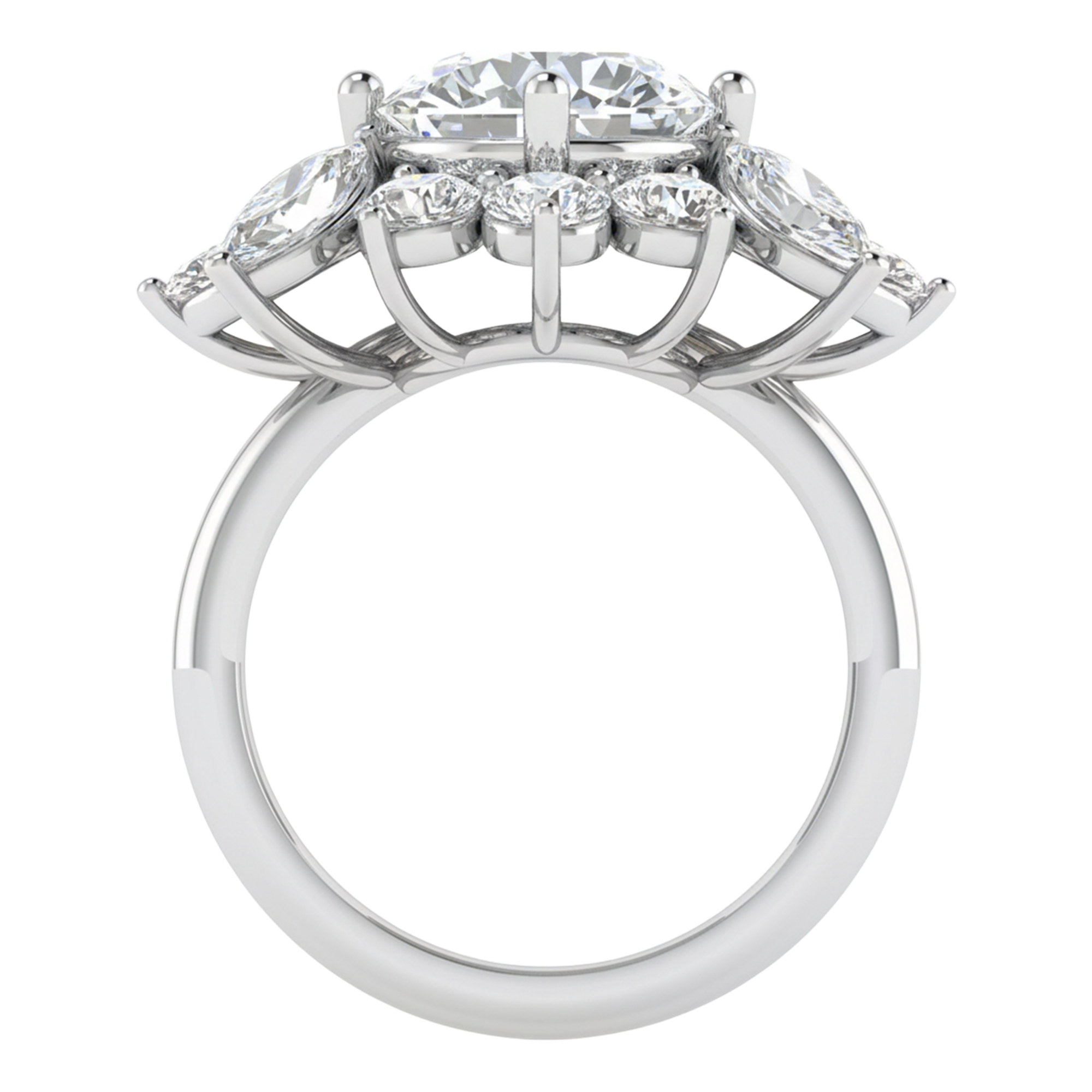Entourage ring met marquise en ronde diamanten in bloemvorm 5,42 karaat
