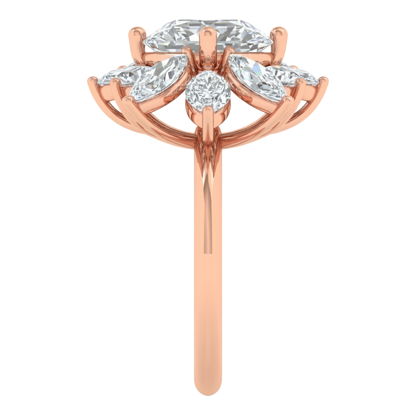 Entourage ring met marquise en ronde diamanten in bloemvorm 5,42 karaat