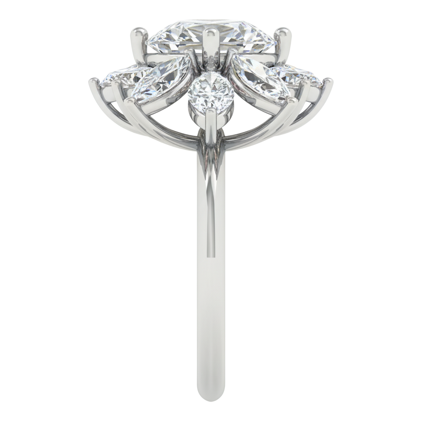 Entourage ring met marquise en ronde diamanten in bloemvorm 5,42 karaat