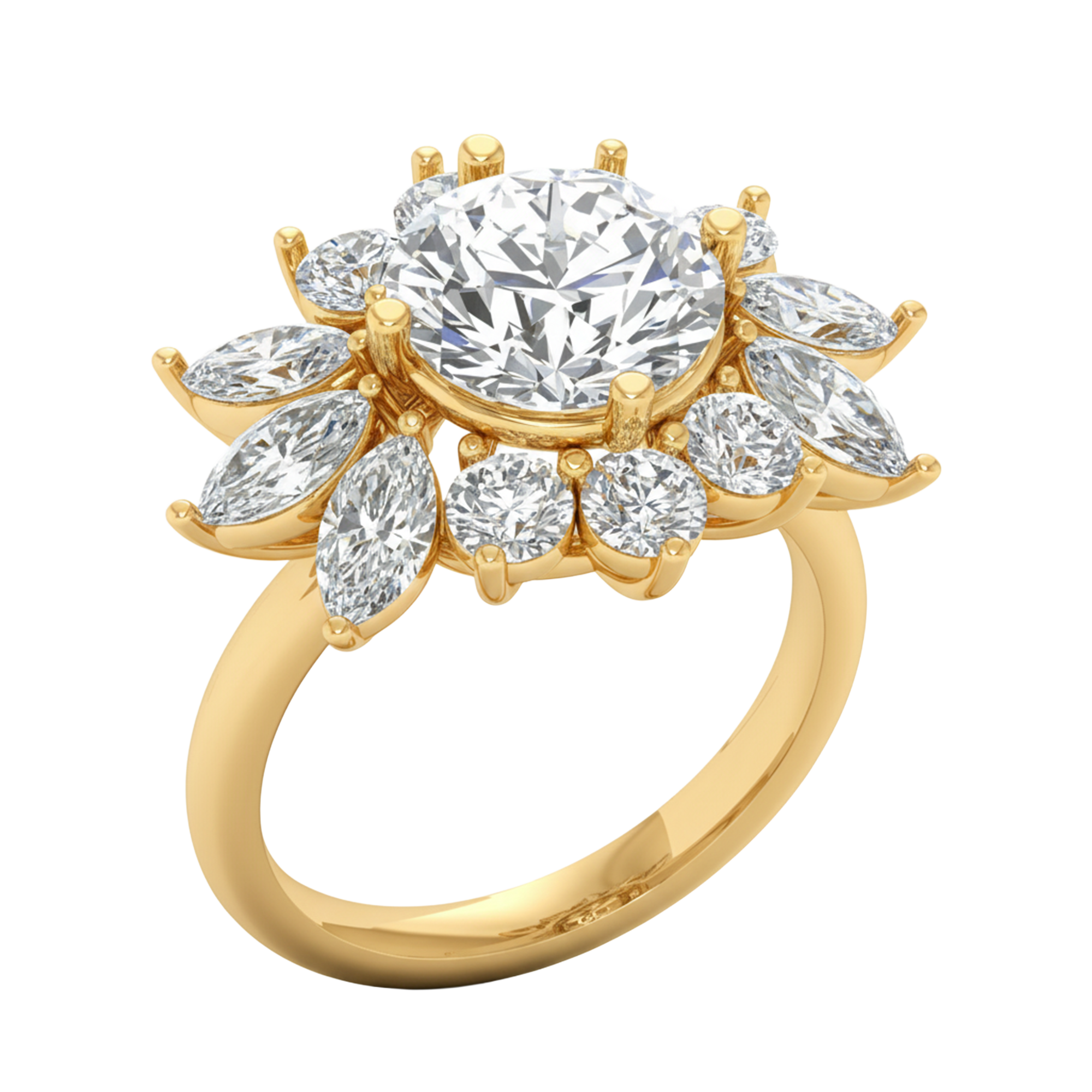 Entourage ring met marquise en ronde diamanten in bloemvorm 5,42 karaat