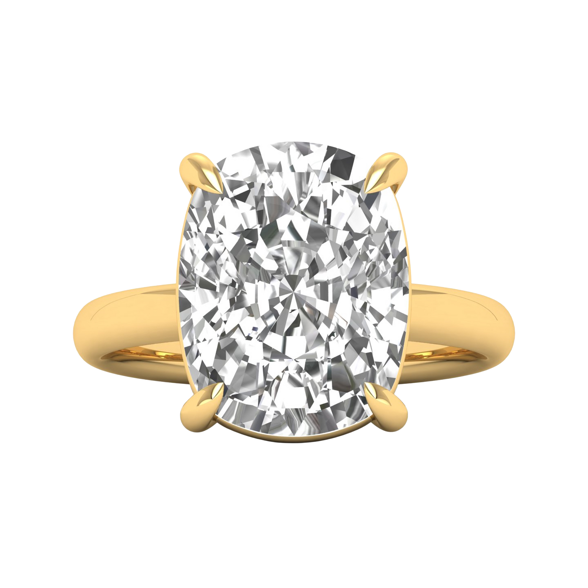 Solitaire ring met long cushion diamant en ronde band 8 karaat