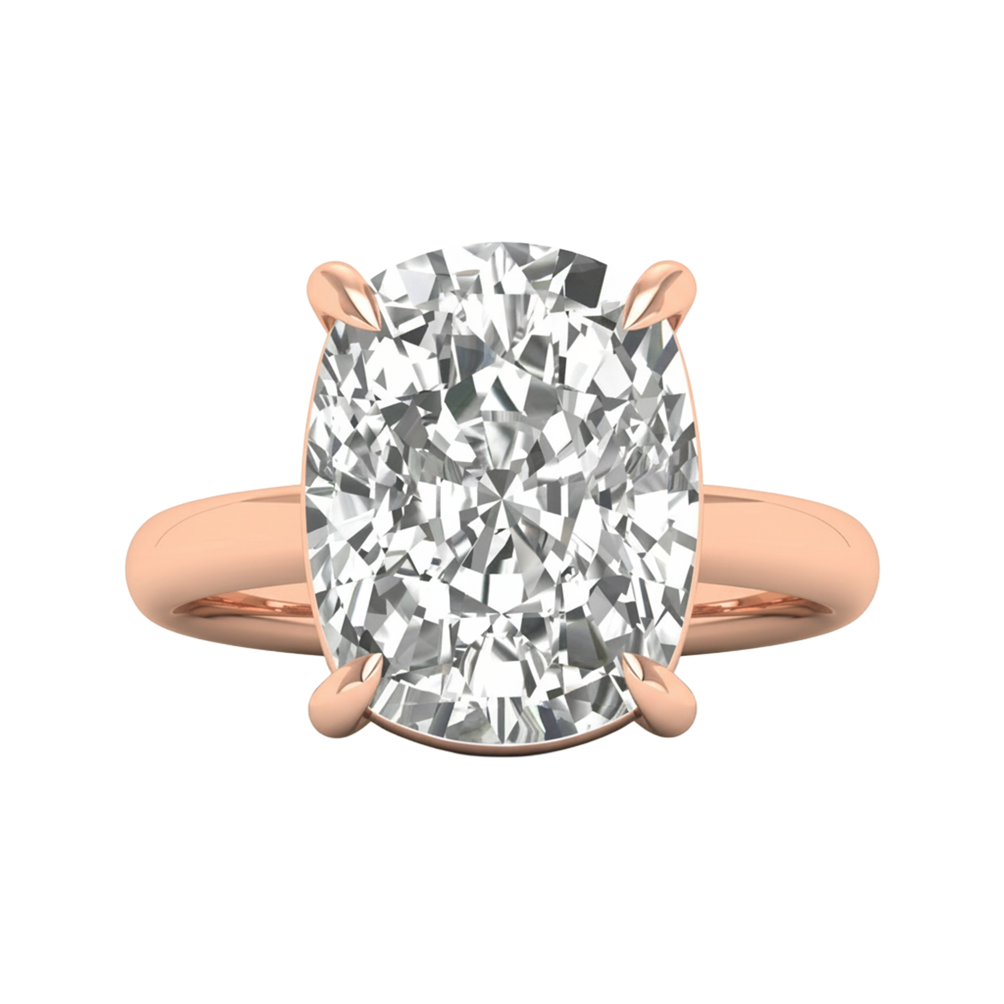 Solitaire ring met long cushion diamant en ronde band 8 karaat