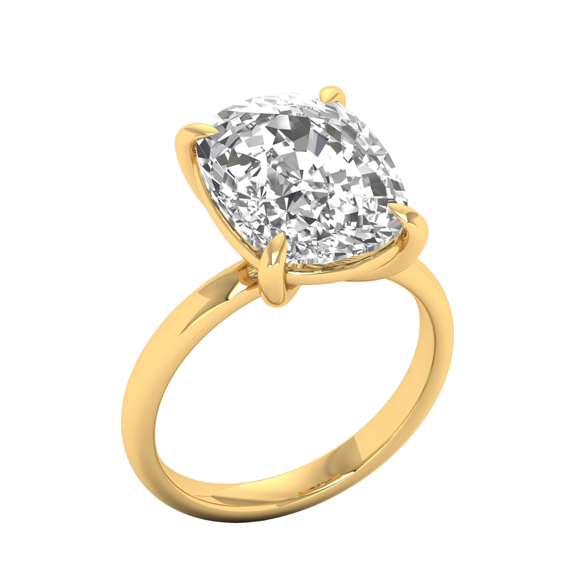 Solitaire ring met long cushion diamant en ronde band 8 karaat