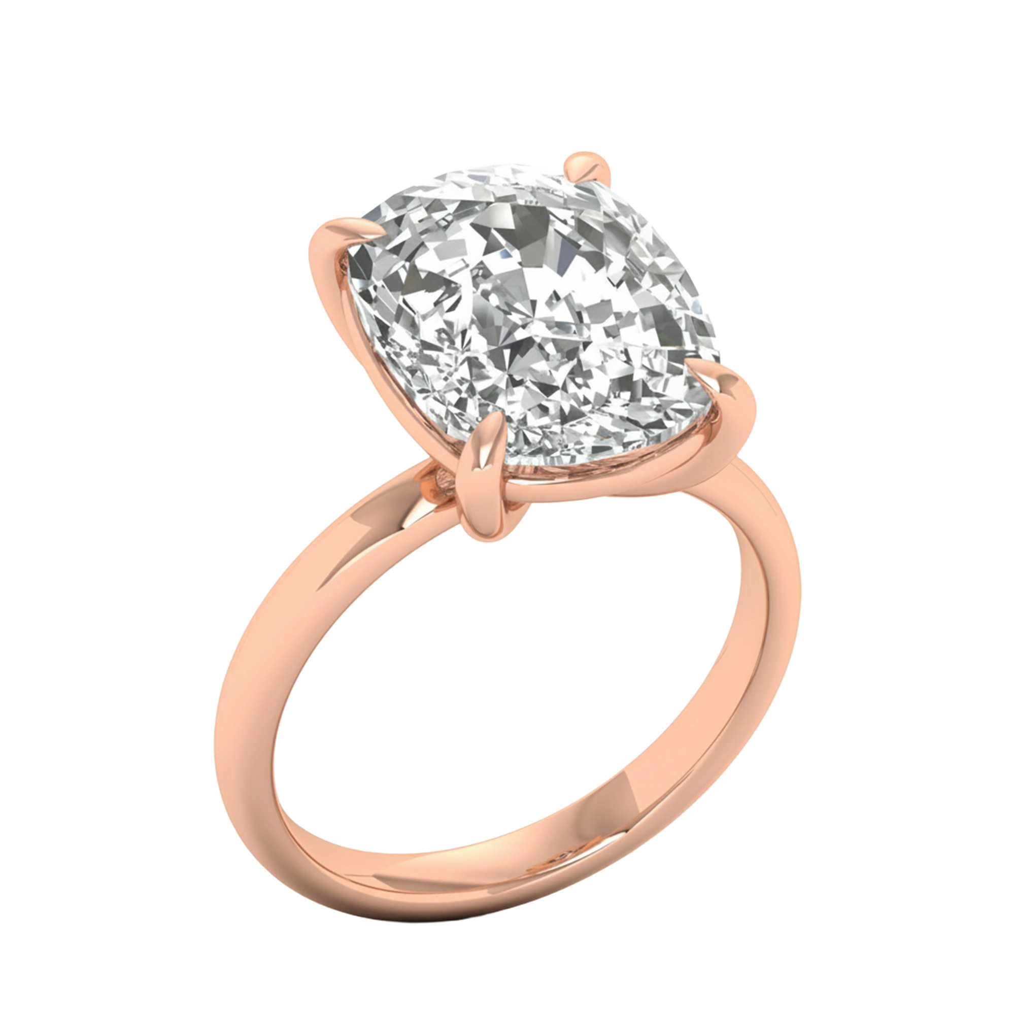 Solitaire ring met long cushion diamant en ronde band 8 karaat