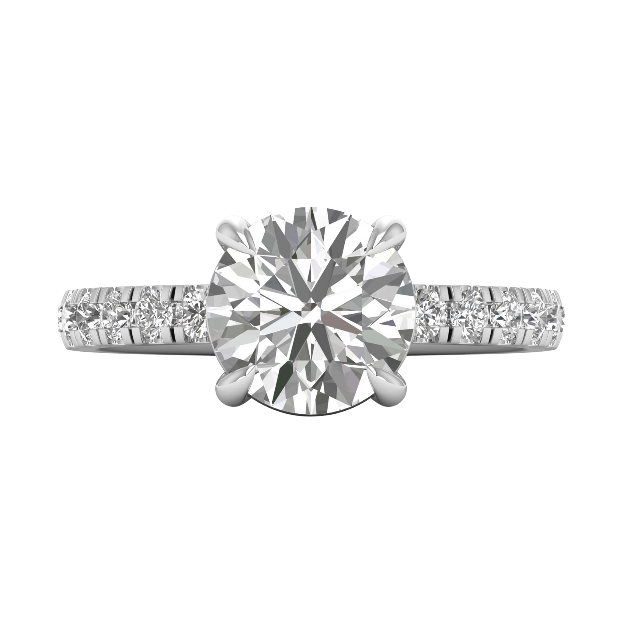 2.85 karaat ronde solitaire ring met rechte pavé‑band en verfijnde details