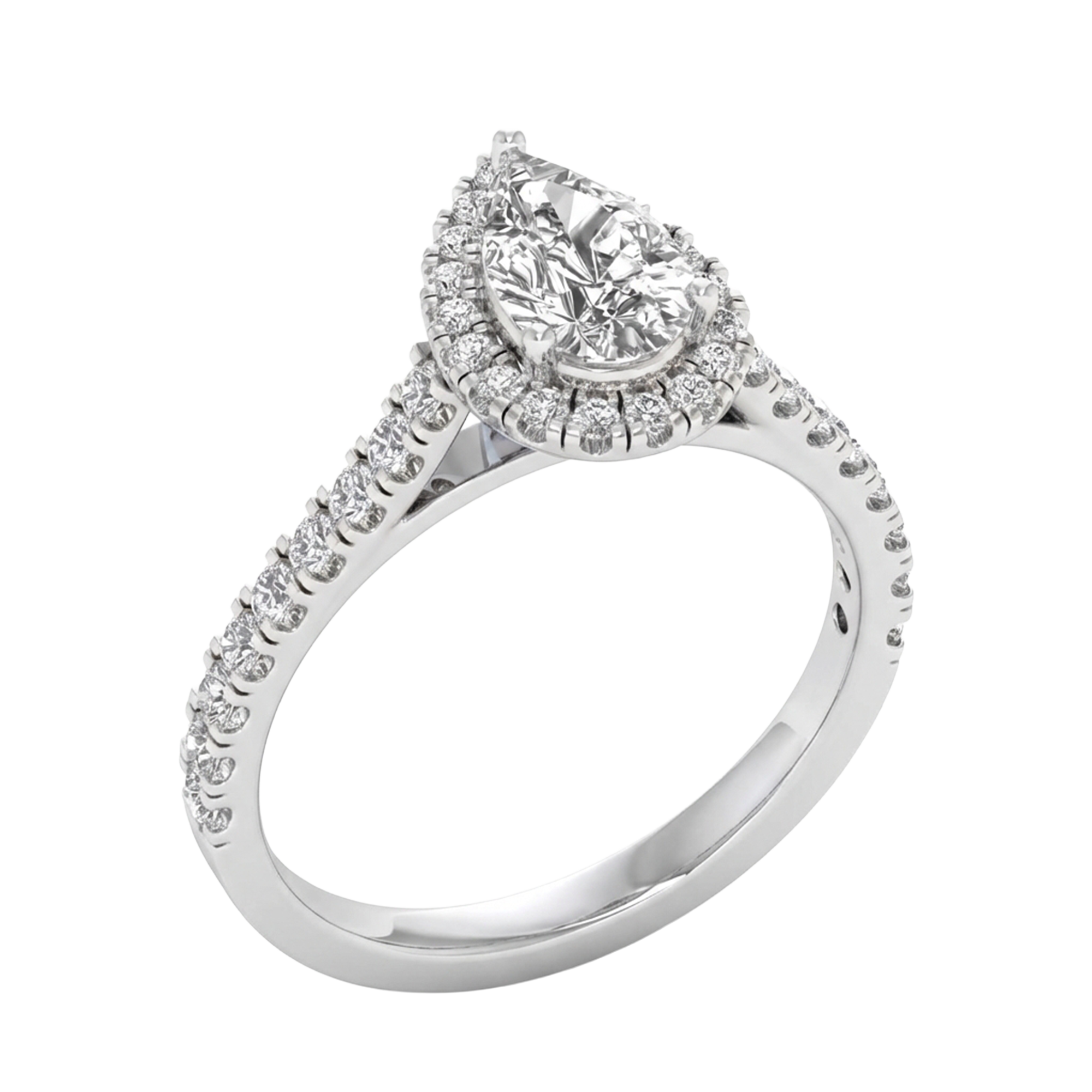 Halo ring met peervormige diamant en pavé band 0,6 karaat
