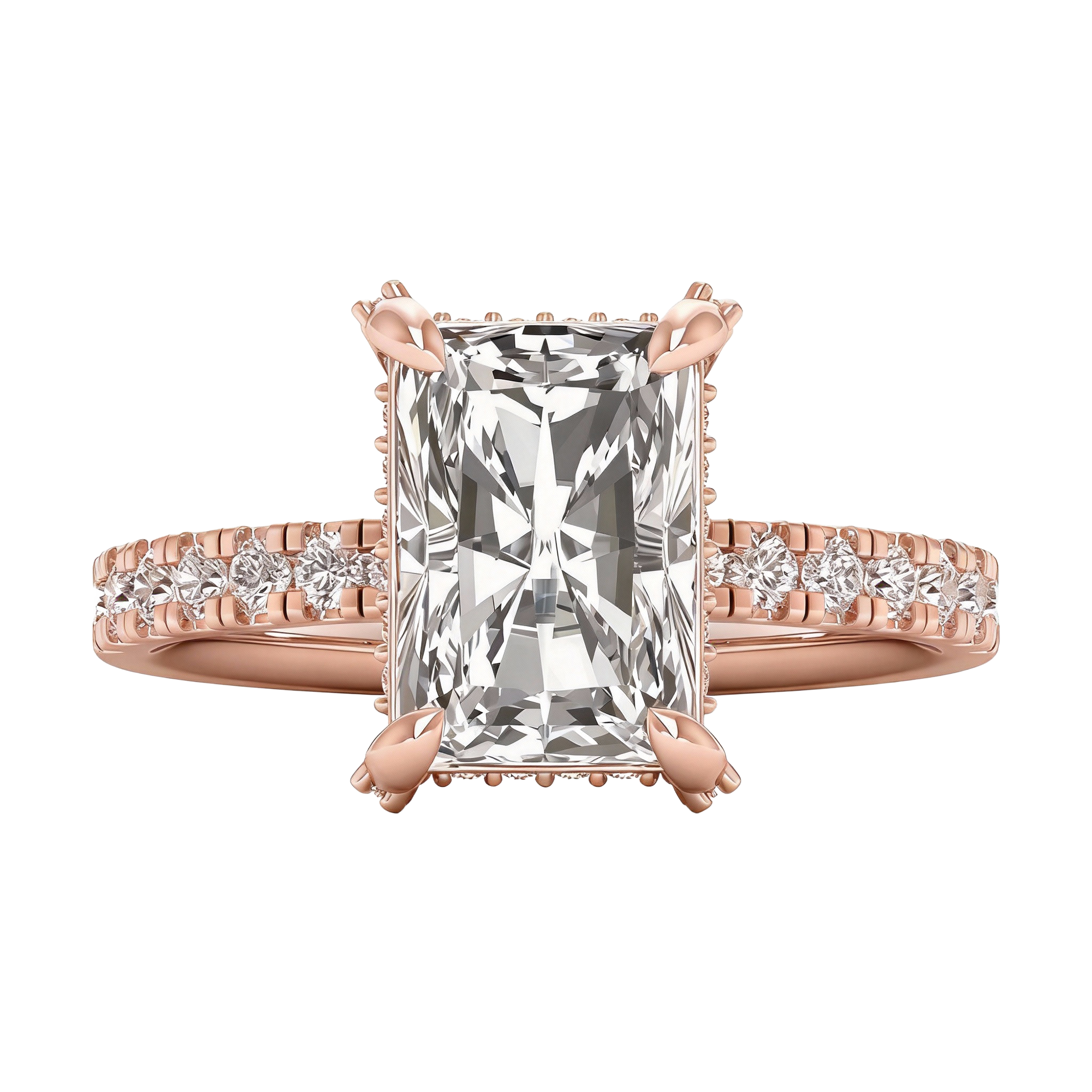 Long radiant 3 karaat solitair met hidden halo en prong‑diamanten