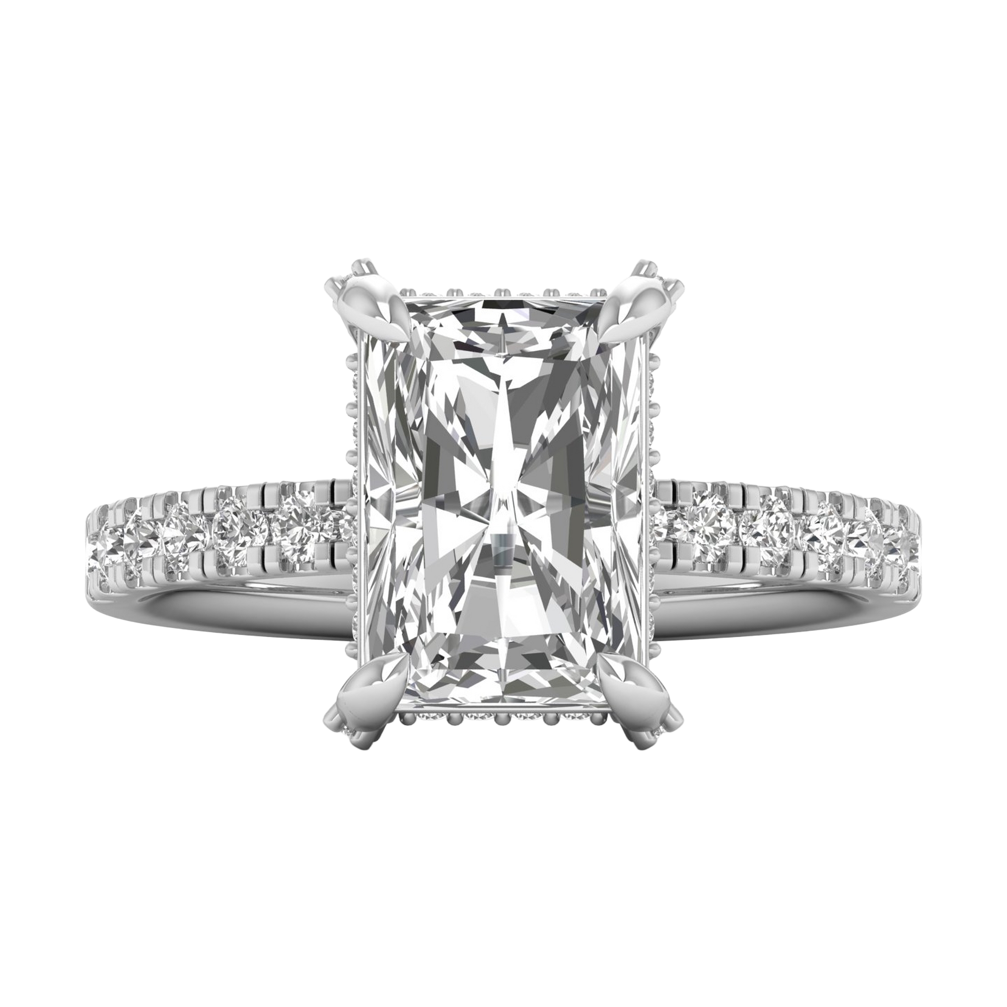 Long radiant 3 karaat solitair met hidden halo en prong‑diamanten