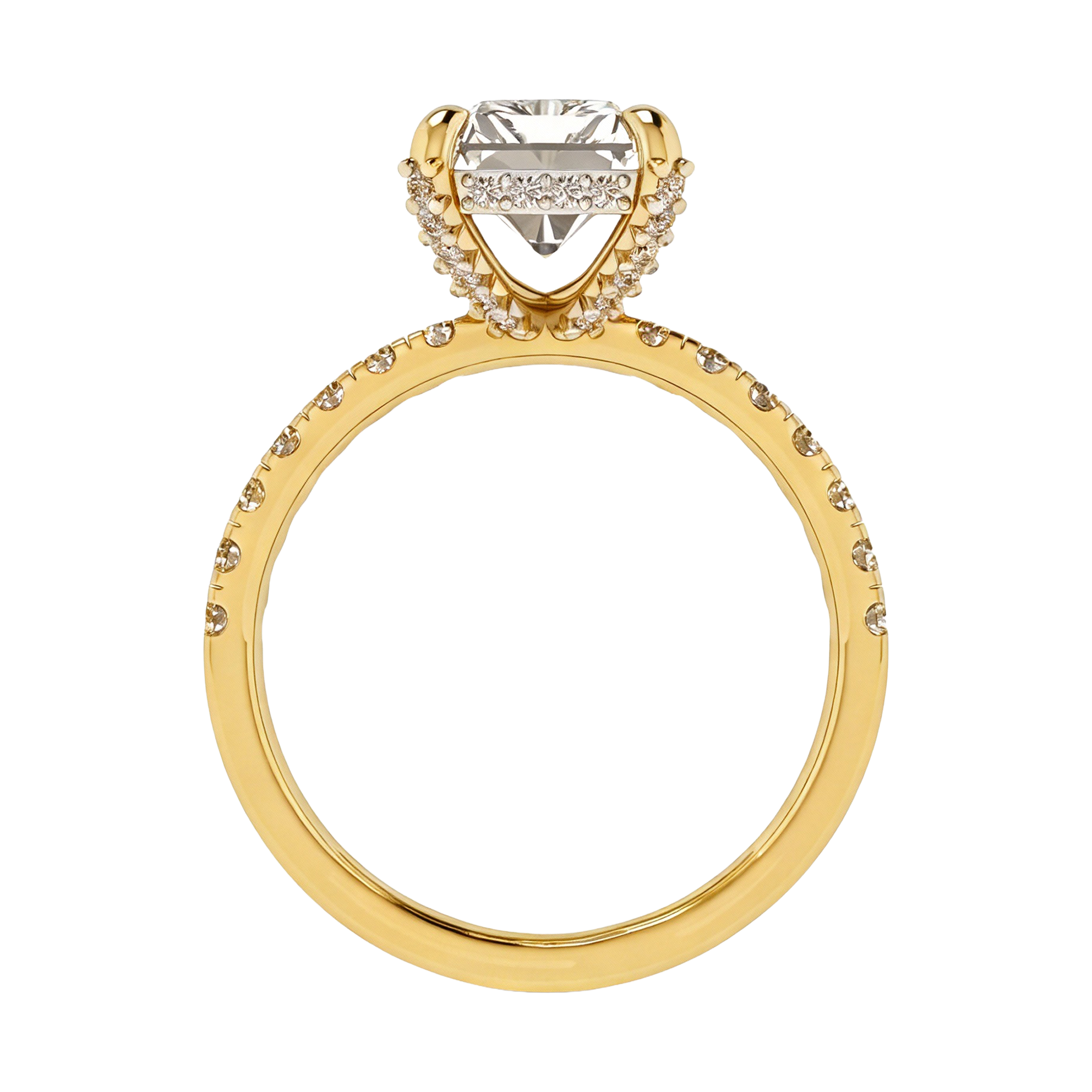 Long radiant 3 karaat solitair met hidden halo en prong‑diamanten