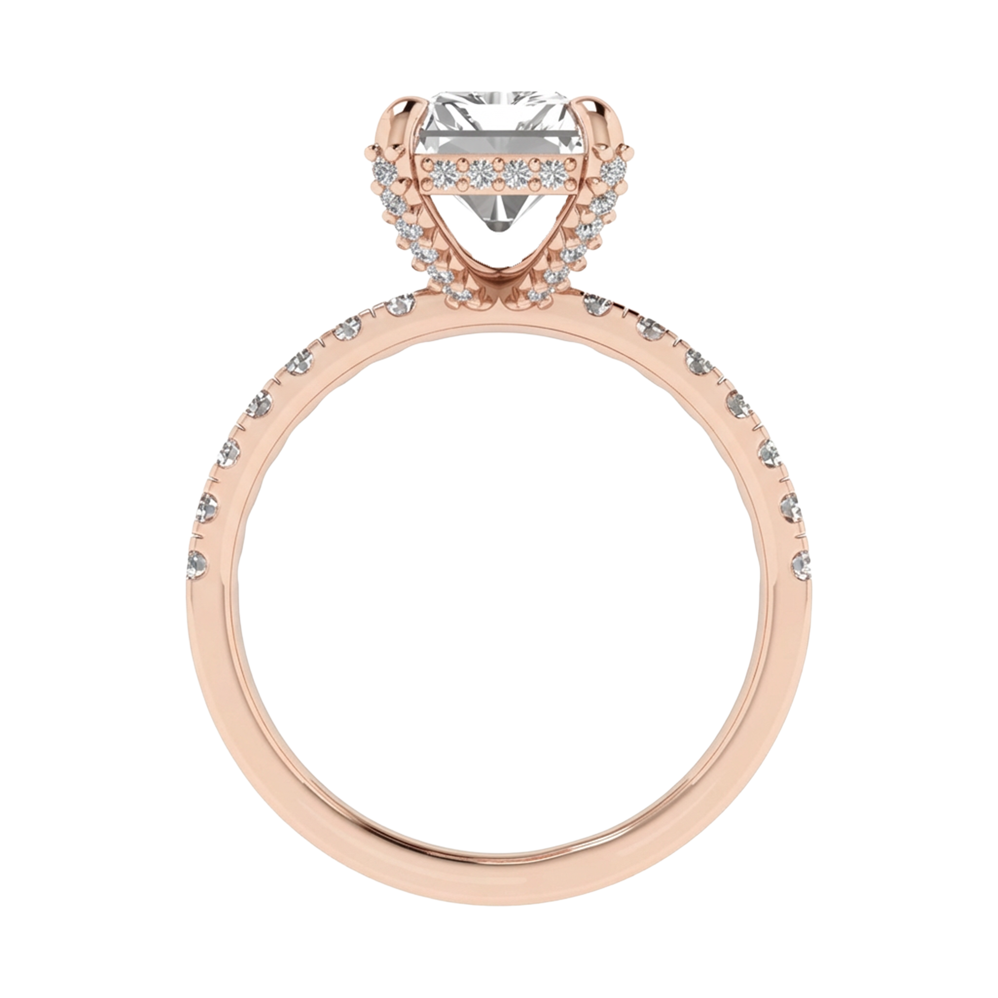 Long radiant 3 karaat solitair met hidden halo en prong‑diamanten