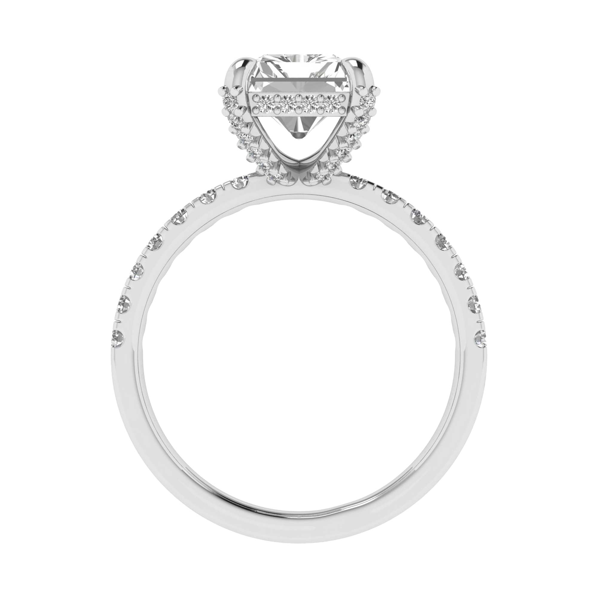 Long radiant 3 karaat solitair met hidden halo en prong‑diamanten