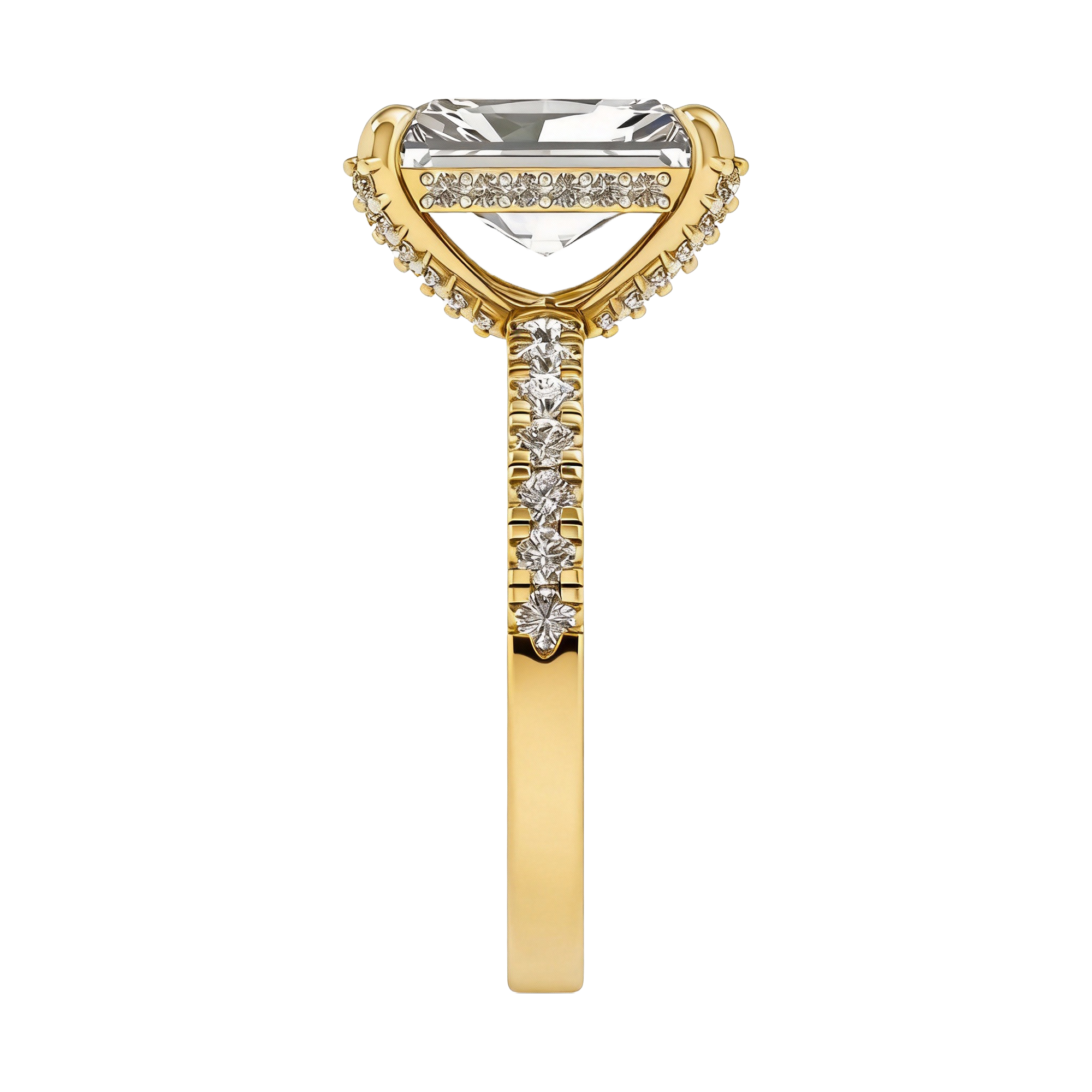 Long radiant 3 karaat solitair met hidden halo en prong‑diamanten