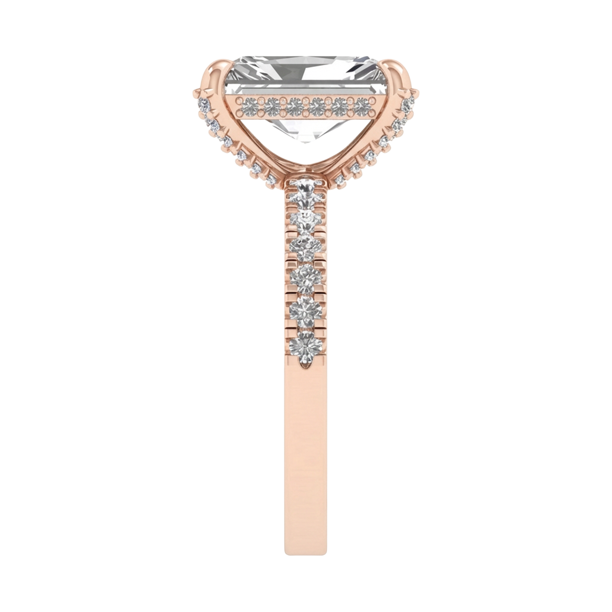 Long radiant 3 karaat solitair met hidden halo en prong‑diamanten