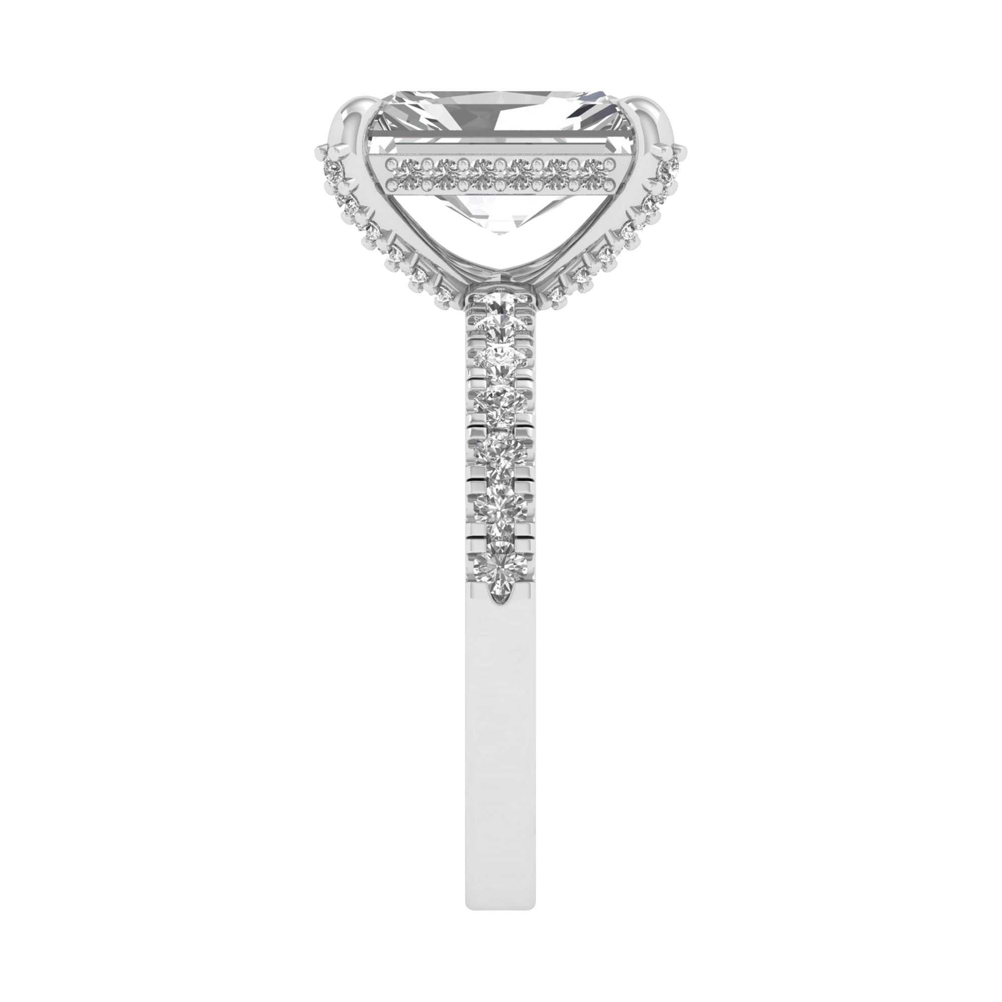 Long radiant 3 karaat solitair met hidden halo en prong‑diamanten