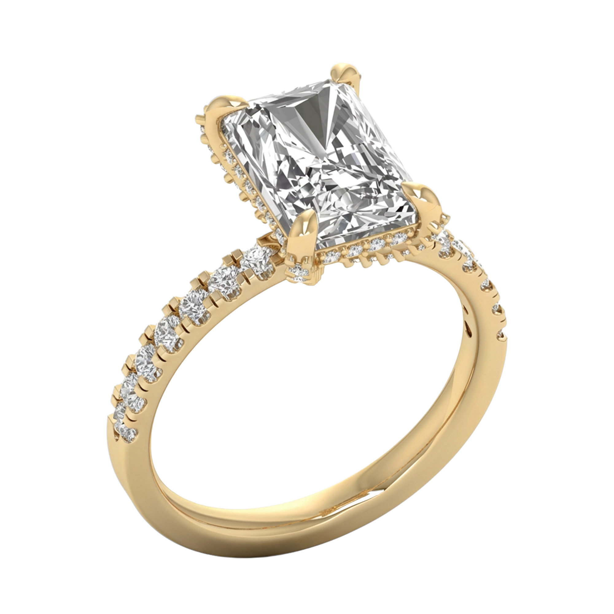 Long radiant 3 karaat solitair met hidden halo en prong‑diamanten