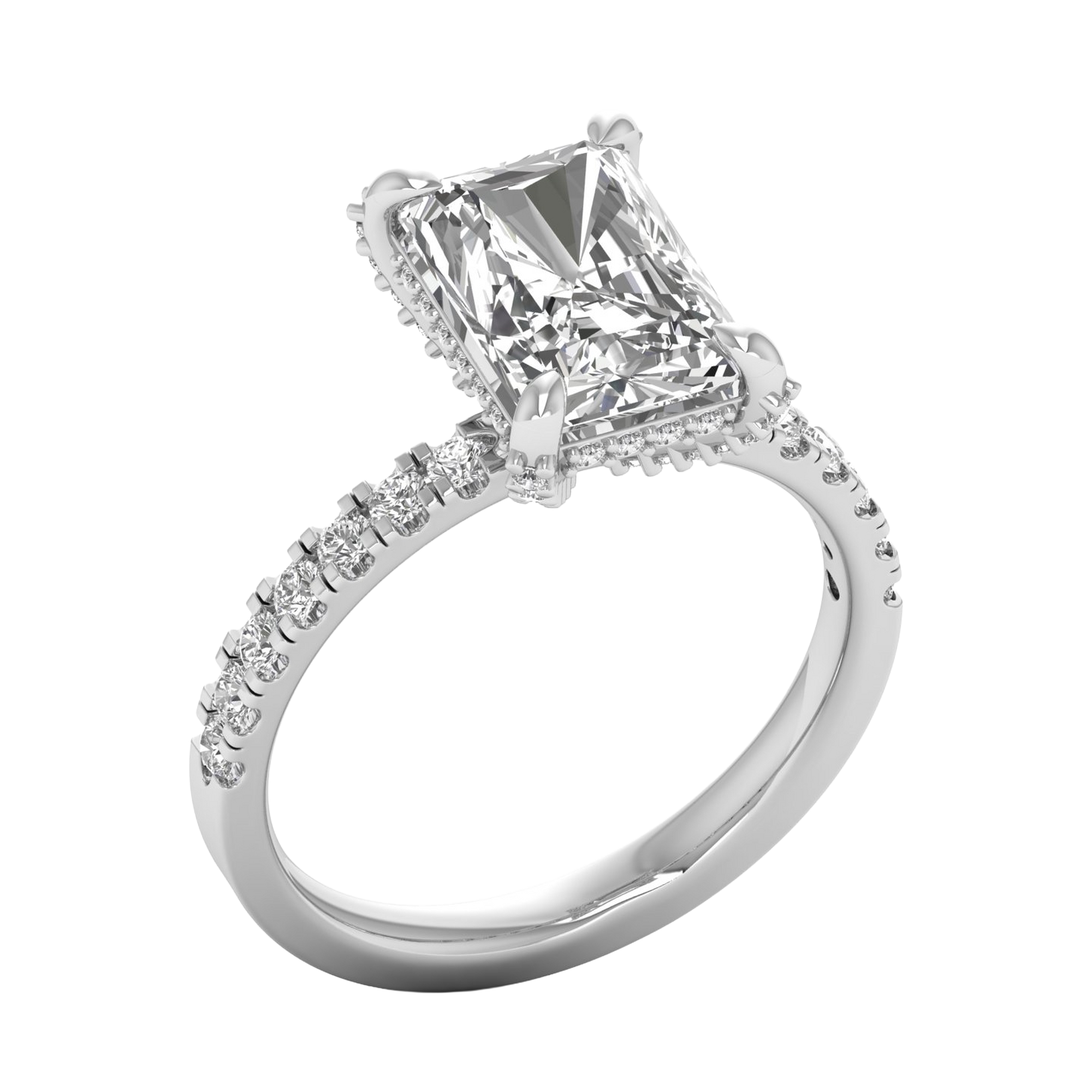 Long radiant 3 karaat solitair met hidden halo en prong‑diamanten