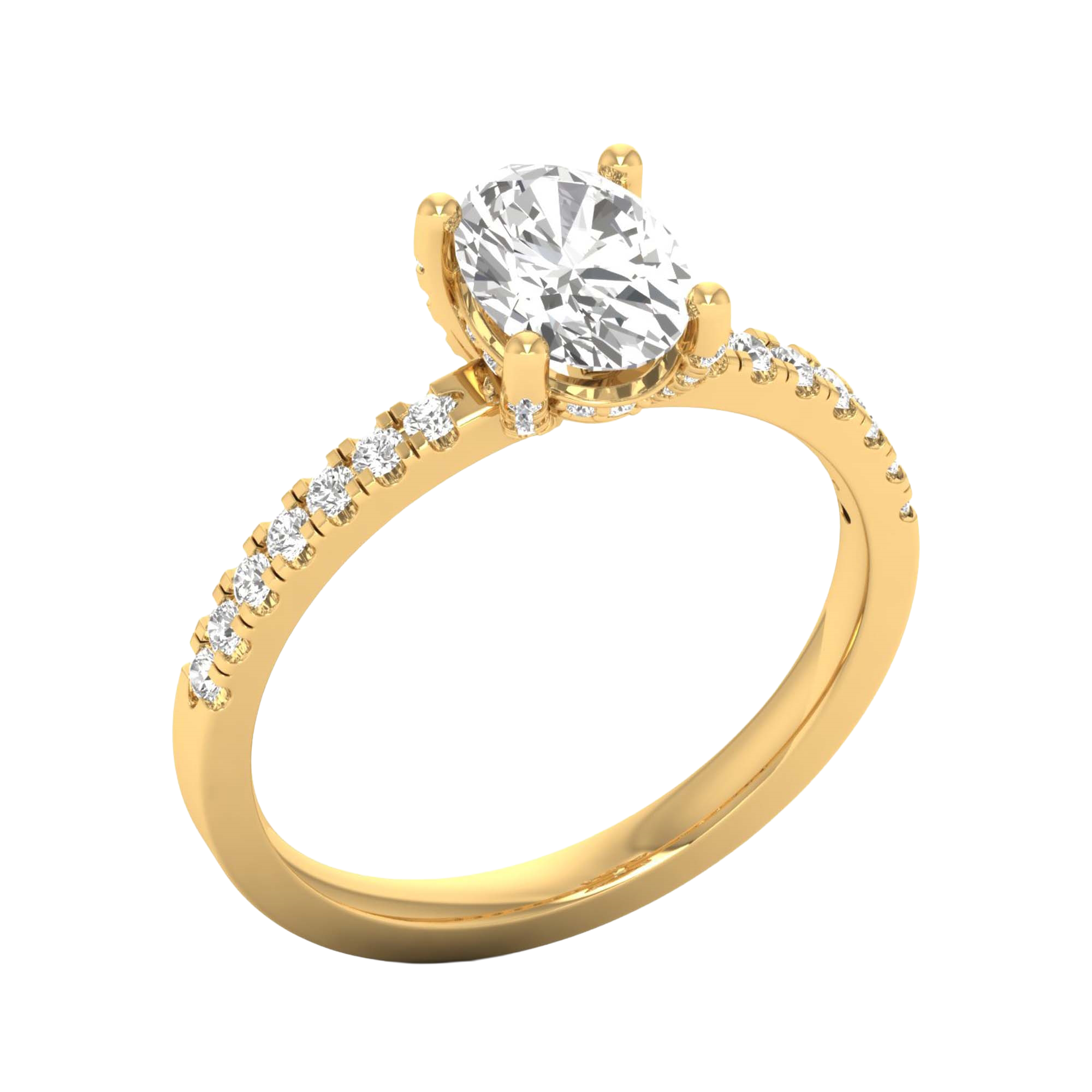 Ovaal 1.3 karaat solitair met hidden halo en prong‑diamanten