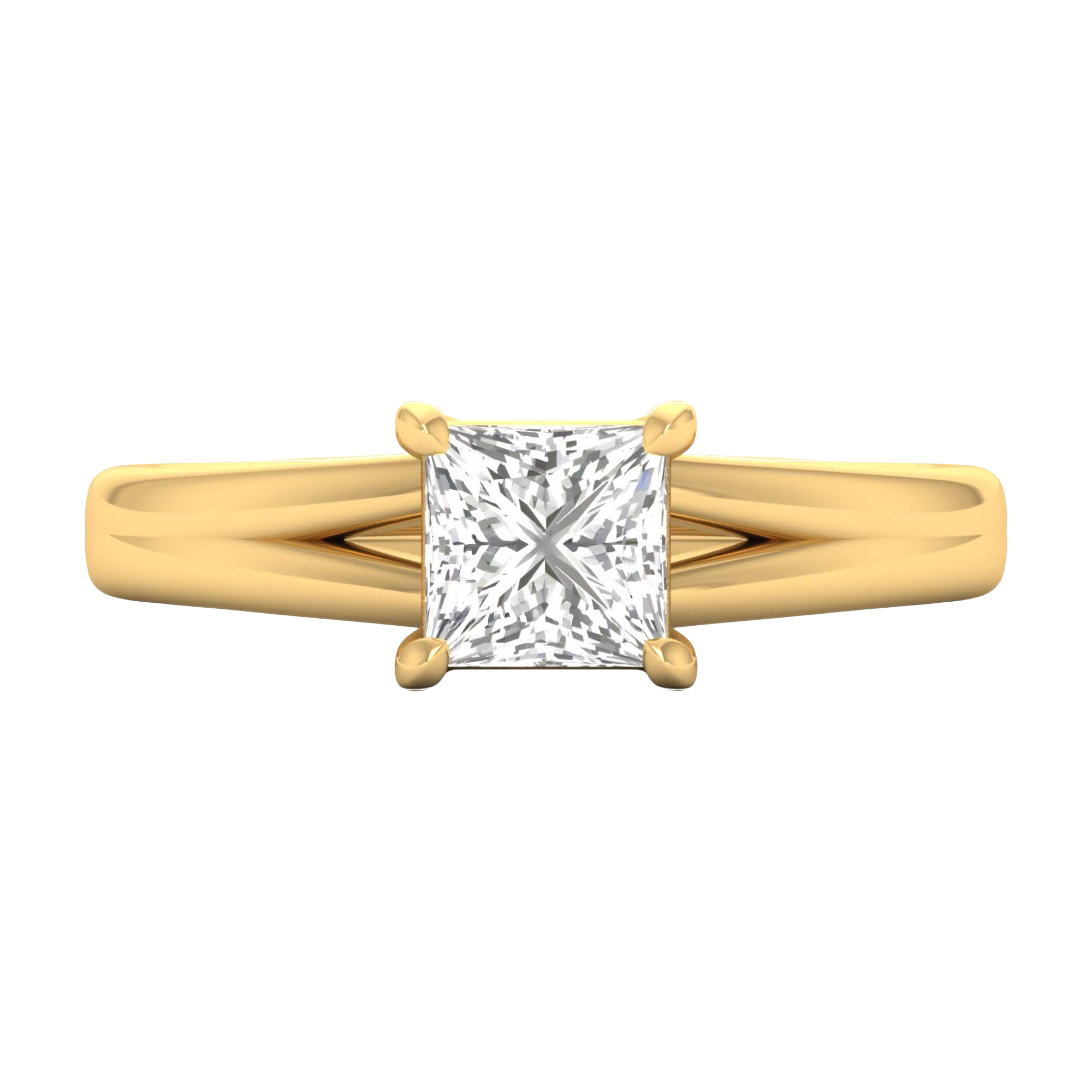 Solitaire ring met princess cut diamant en split‑shank band 1 karaat
