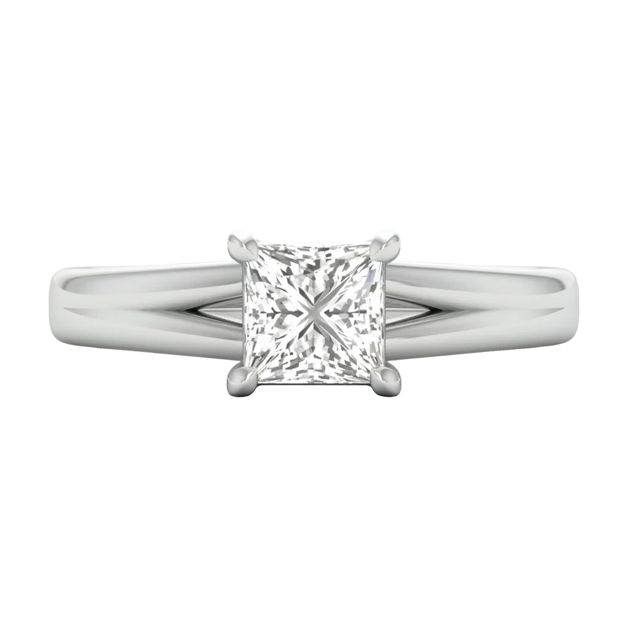 Solitaire ring met princess cut diamant en split‑shank band 1 karaat
