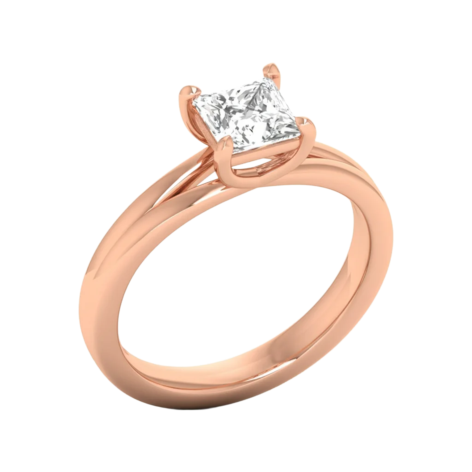 Solitaire ring met princess cut diamant en split‑shank band 1 karaat