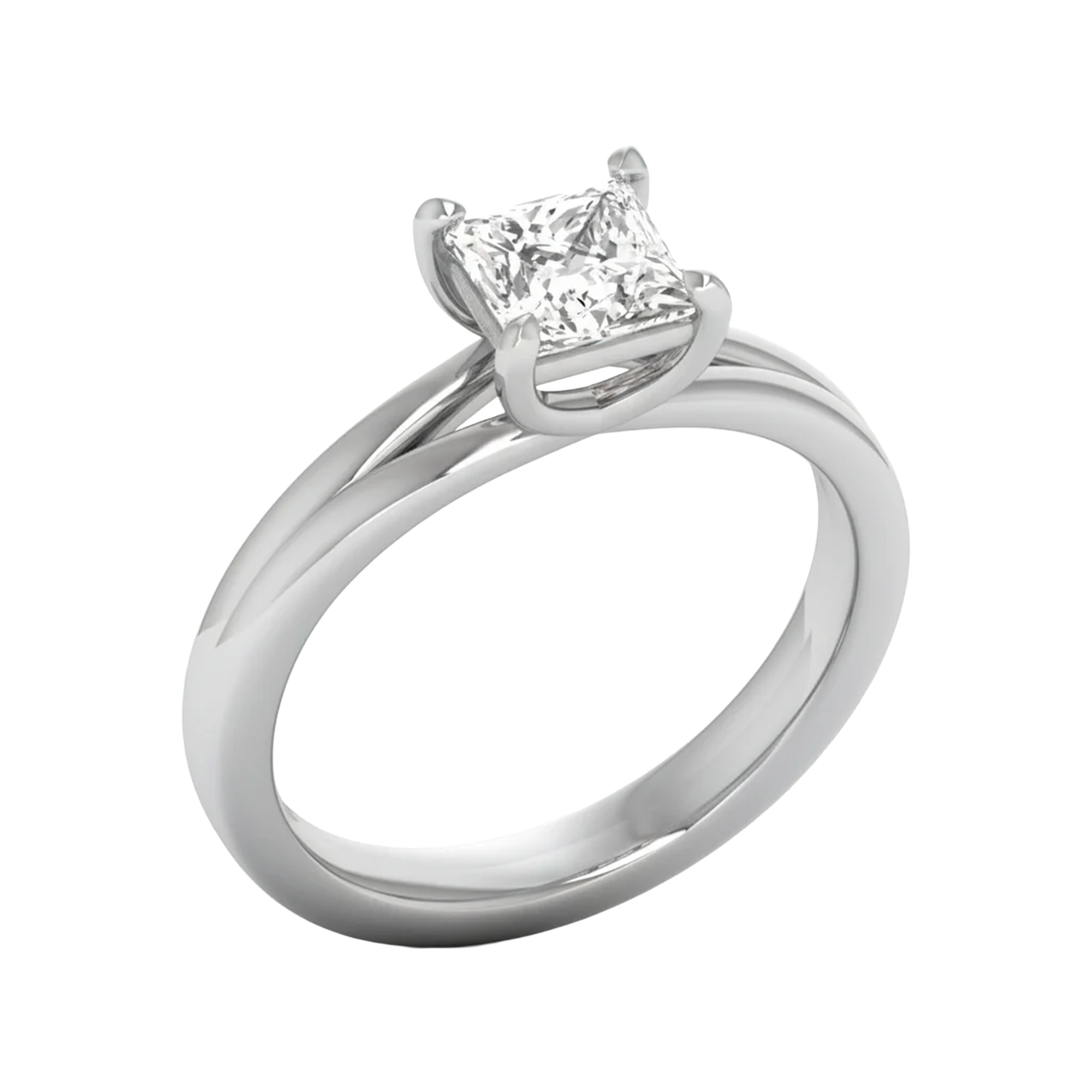 Solitaire ring met princess cut diamant en split‑shank band 1 karaat