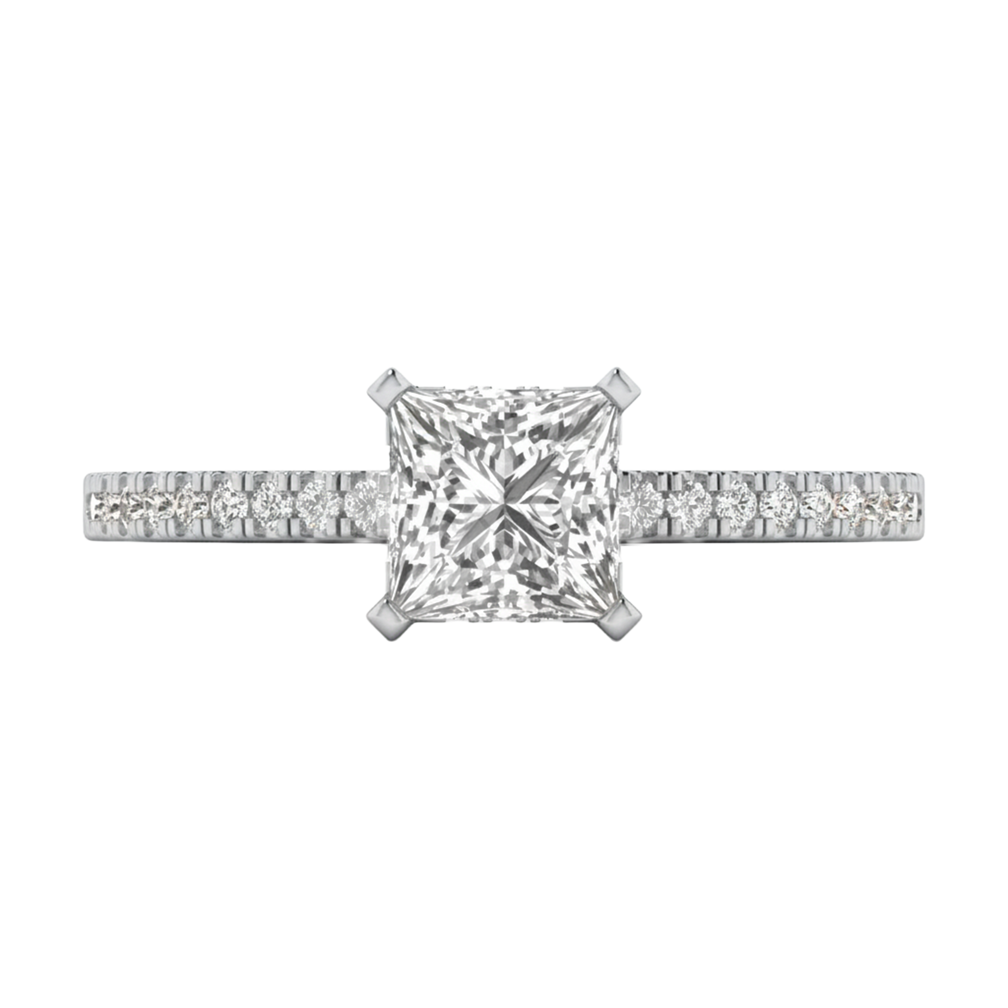 Princess 1.25 karaat solitair met dubbele hidden halo en pavé‑band