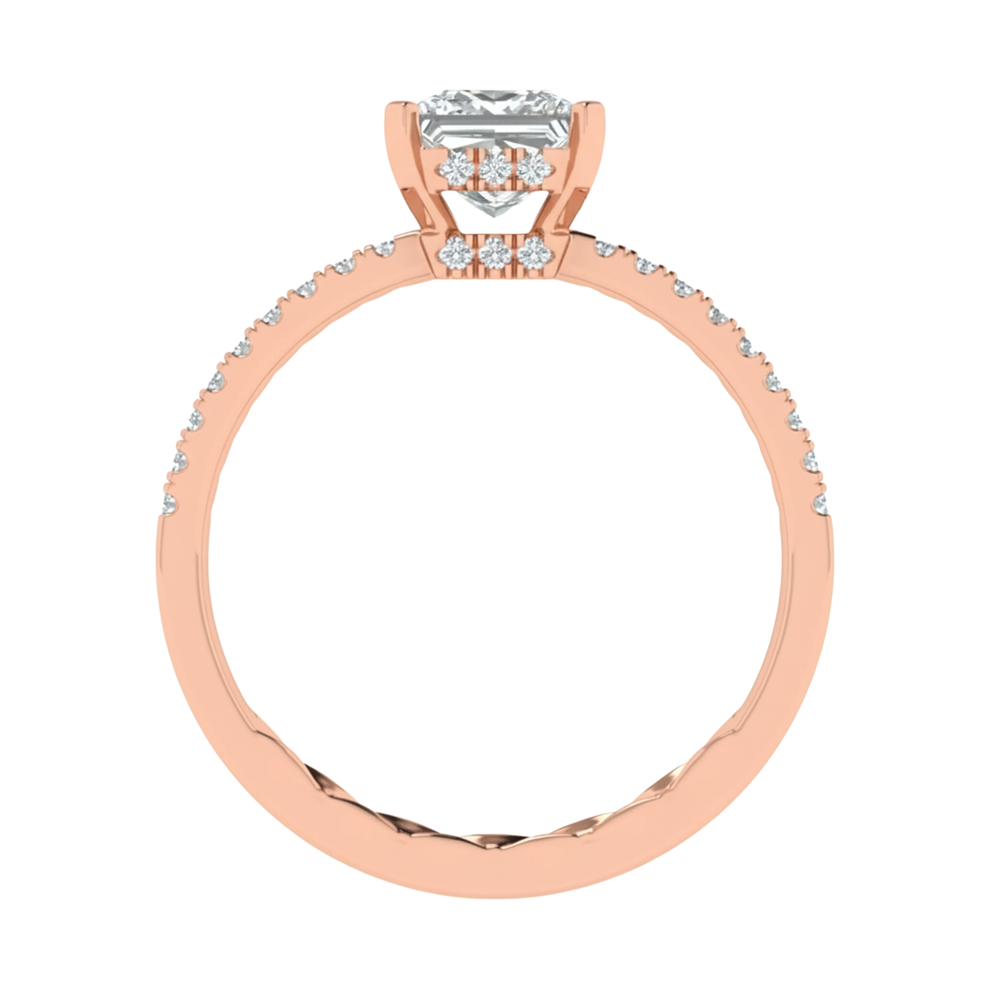 Princess 1.25 karaat solitair met dubbele hidden halo en pavé‑band